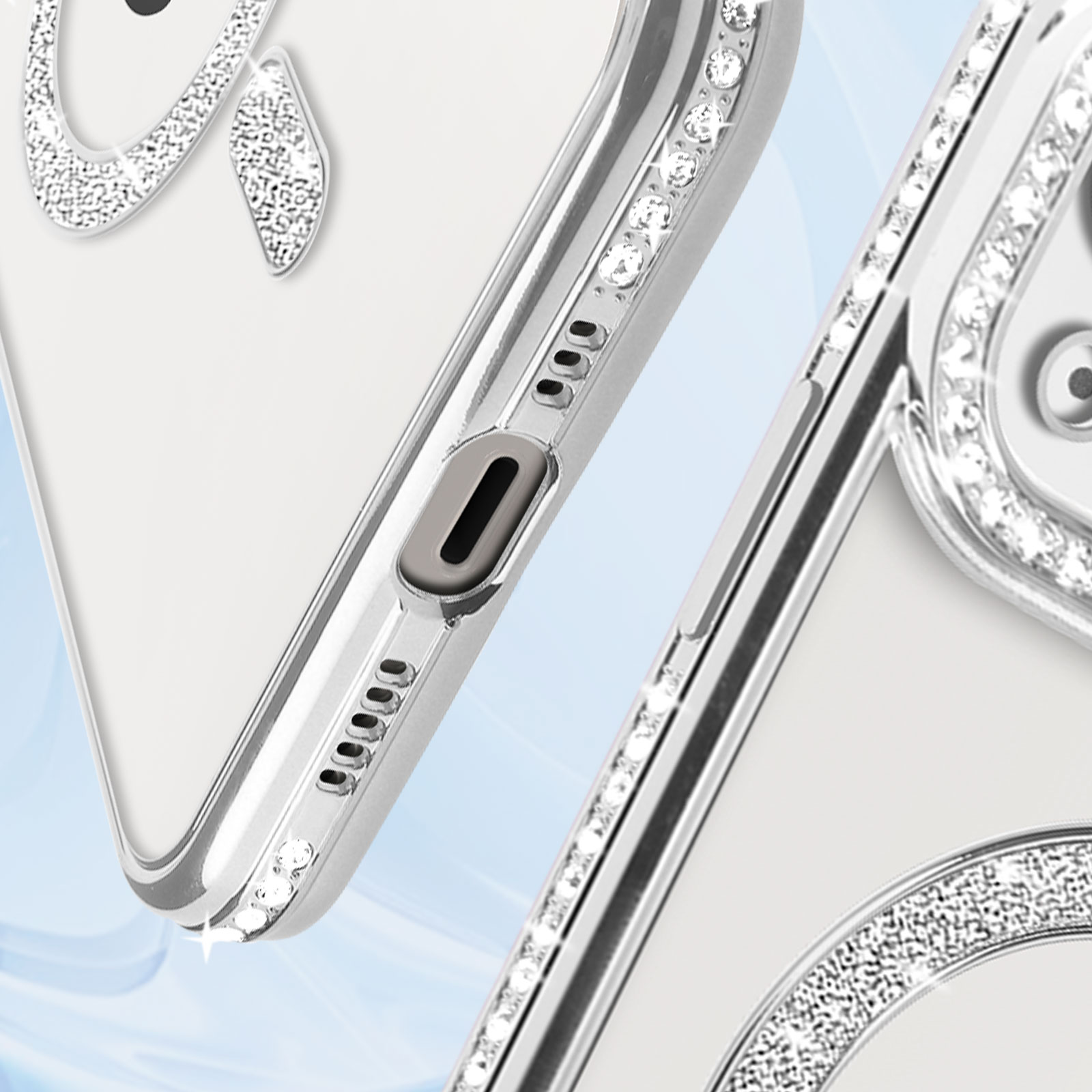 Primo piano della custodia del telefono con strass. Custodia trasparente con finiture argentate, vista laterale.