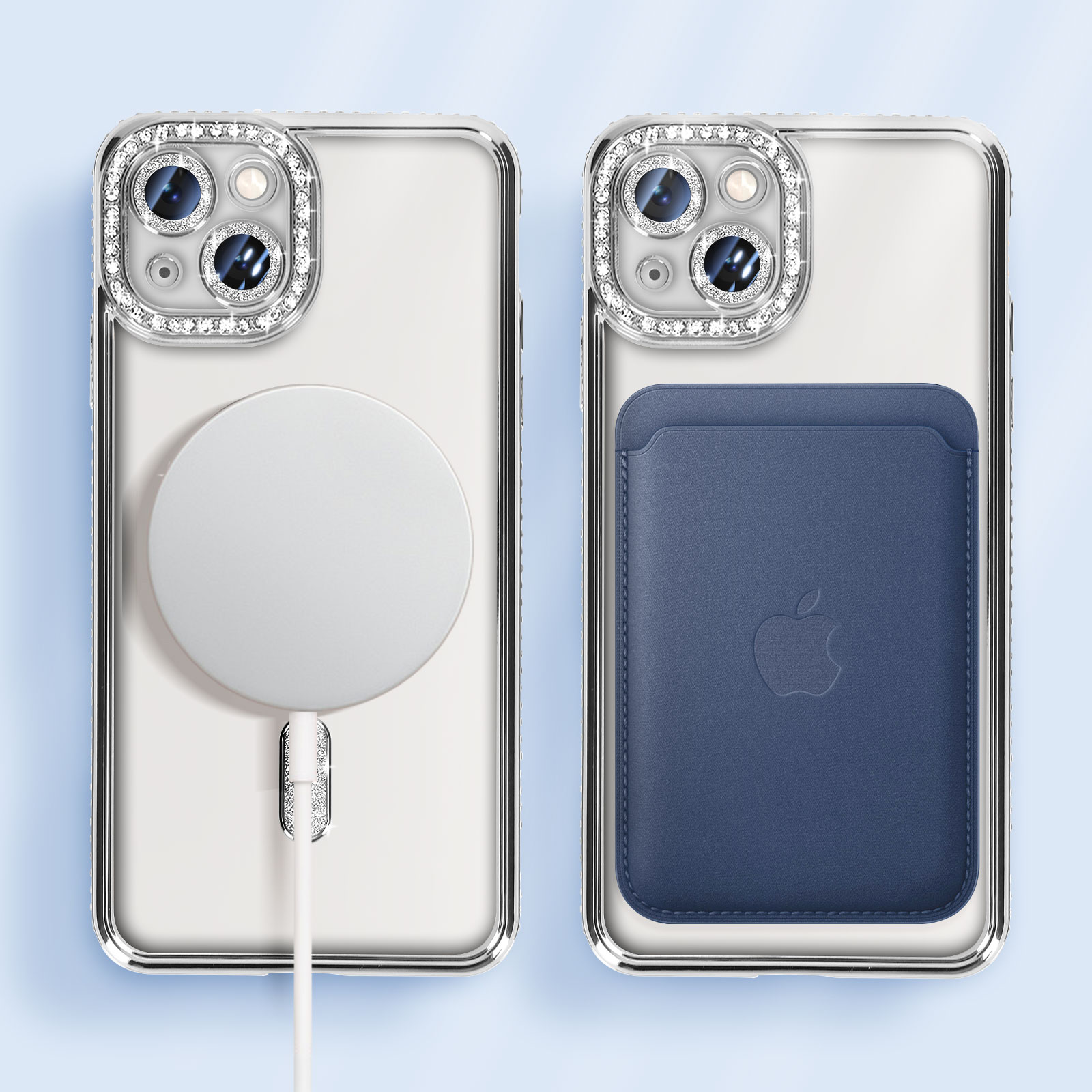 Due telefoni in custodie trasparenti. Uno ha una custodia a portafoglio, l'altro un caricabatterie wireless. Entrambi hanno i loghi Apple.