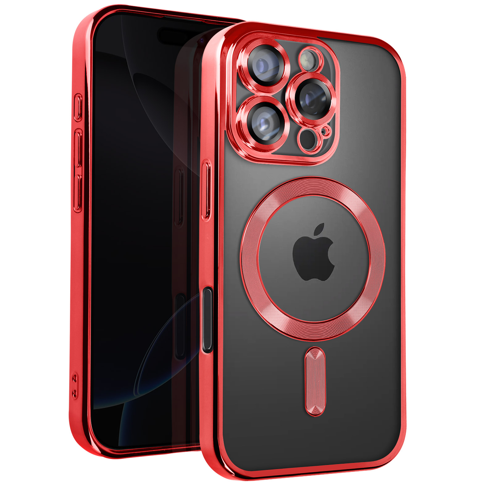 Rode iPhone-hoes met zwart scherm. Apple-logo zichtbaar. MagSafe-ring en camerakader in rood.