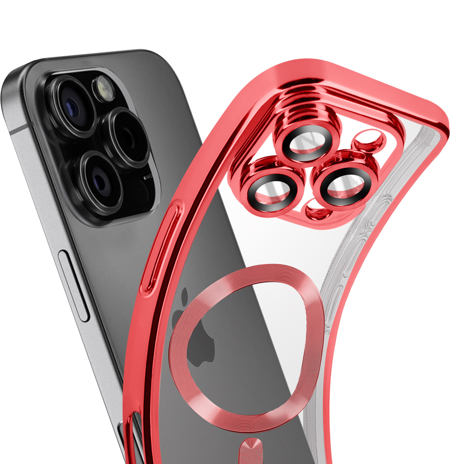 Twee telefoons met hoesjes. Eén zwart, één transparant. Beide hebben lensbeschermers en een magnetische ring.