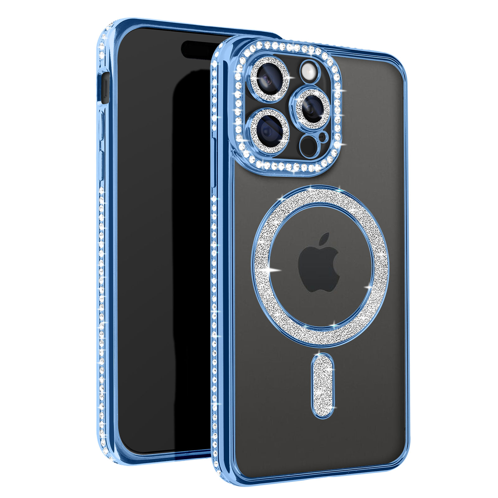 Un telefono in una custodia blu con dettagli di diamanti. I diamanti circondano la fotocamera e il logo Apple.