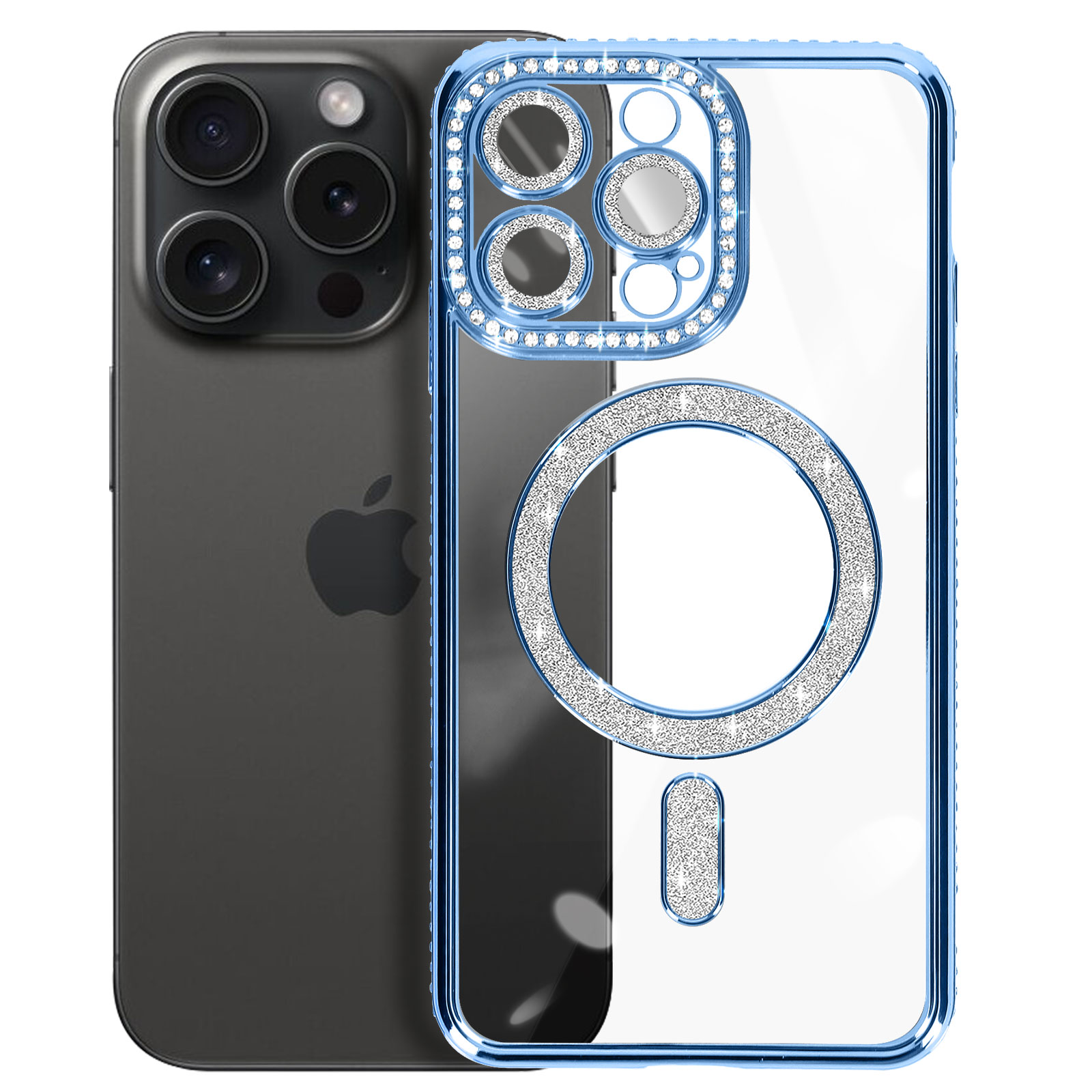 Custodia blu per iPhone con strass. Dettagli diamante intorno alla fotocamera e all'anello. Logo Apple visibile.