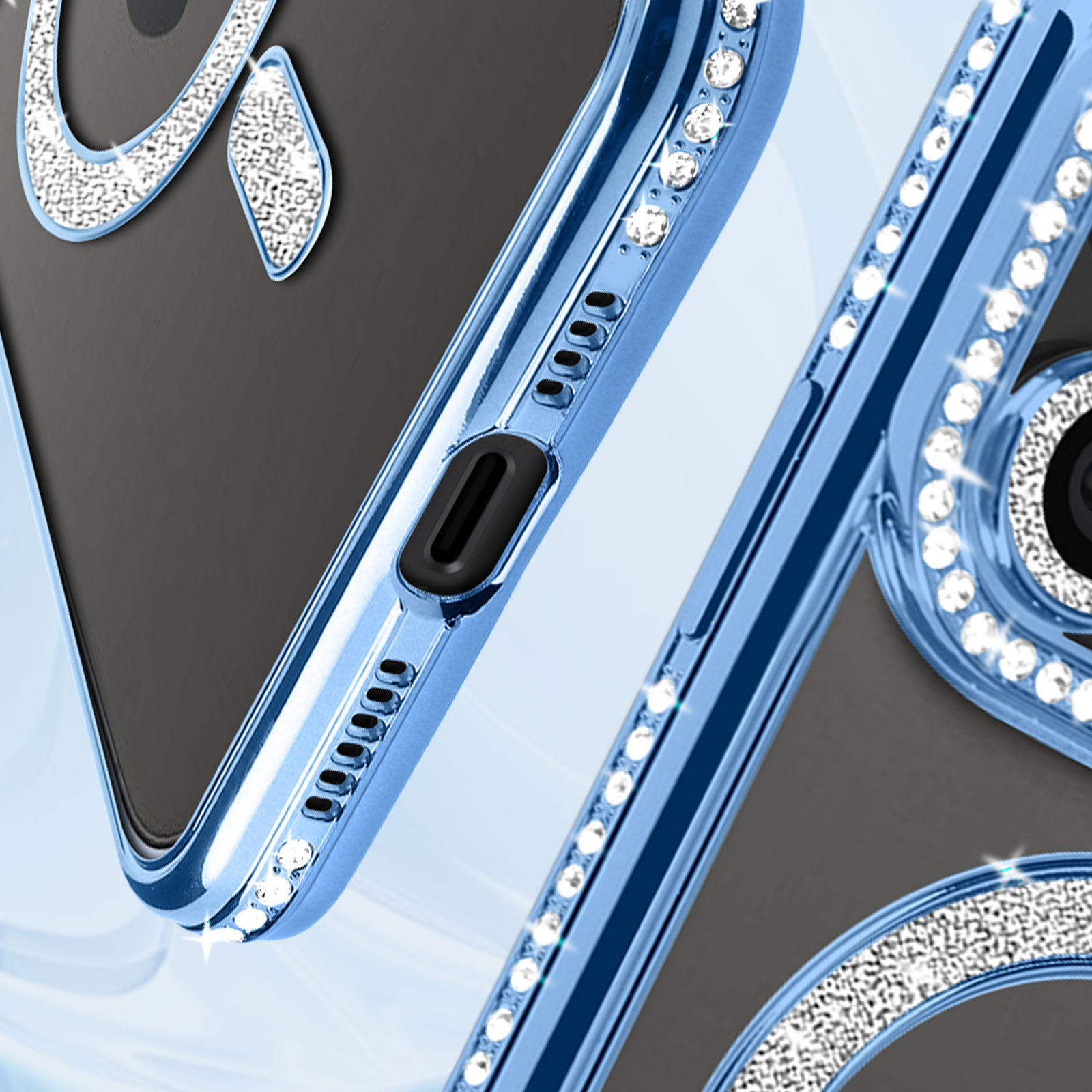 Custodia blu per telefono con strass, vista laterale. Schermo nero visibile. Sfondo bianco.