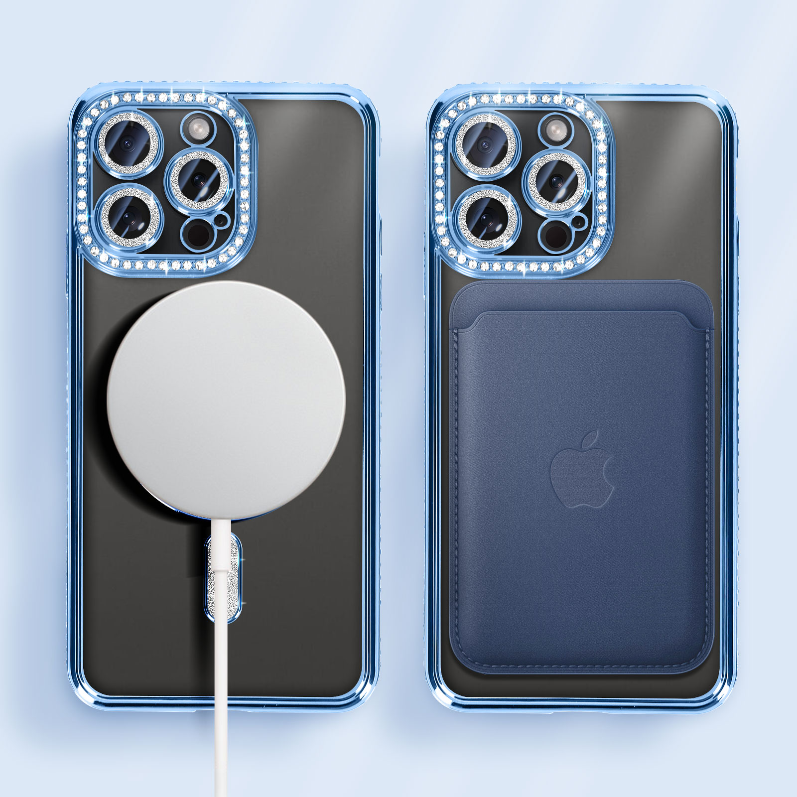 Custodia blu per iPhone con accessori MagSafe. Portafoglio e base di ricarica visibili.