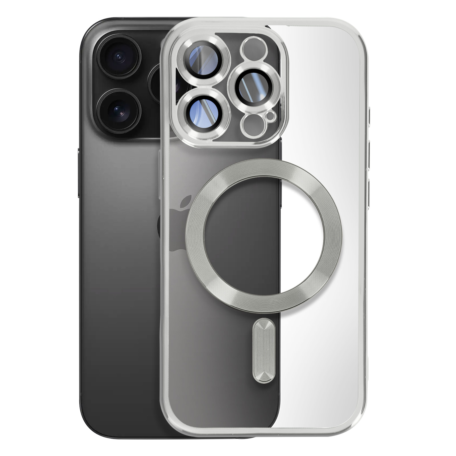 Due telefoni con custodie. Uno nero, uno trasparente. Entrambi hanno protezioni per lenti e un anello magnetico.