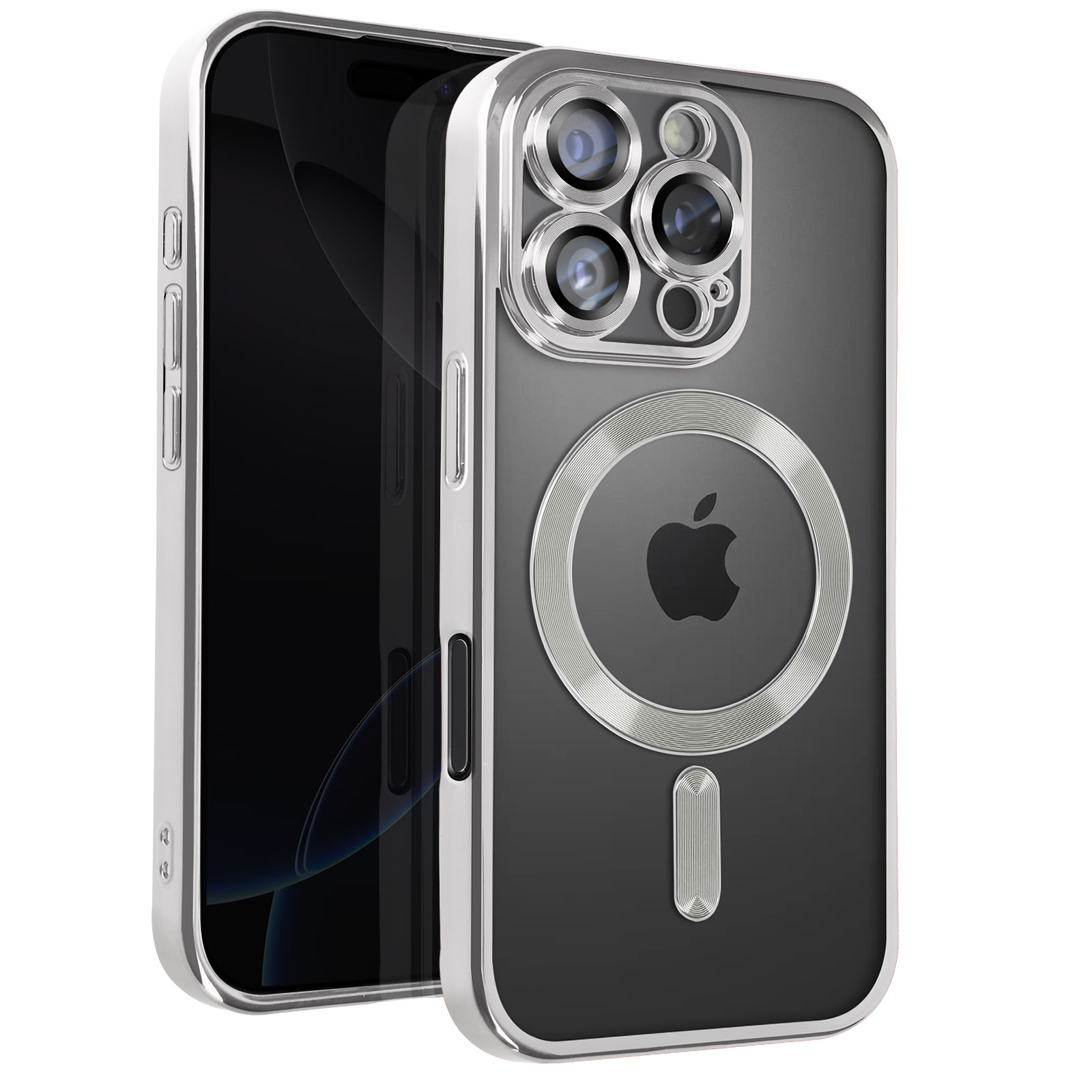 Custodia argentata per iPhone con schermo nero. Logo Apple visibile. L'anello MagSafe è argentato.