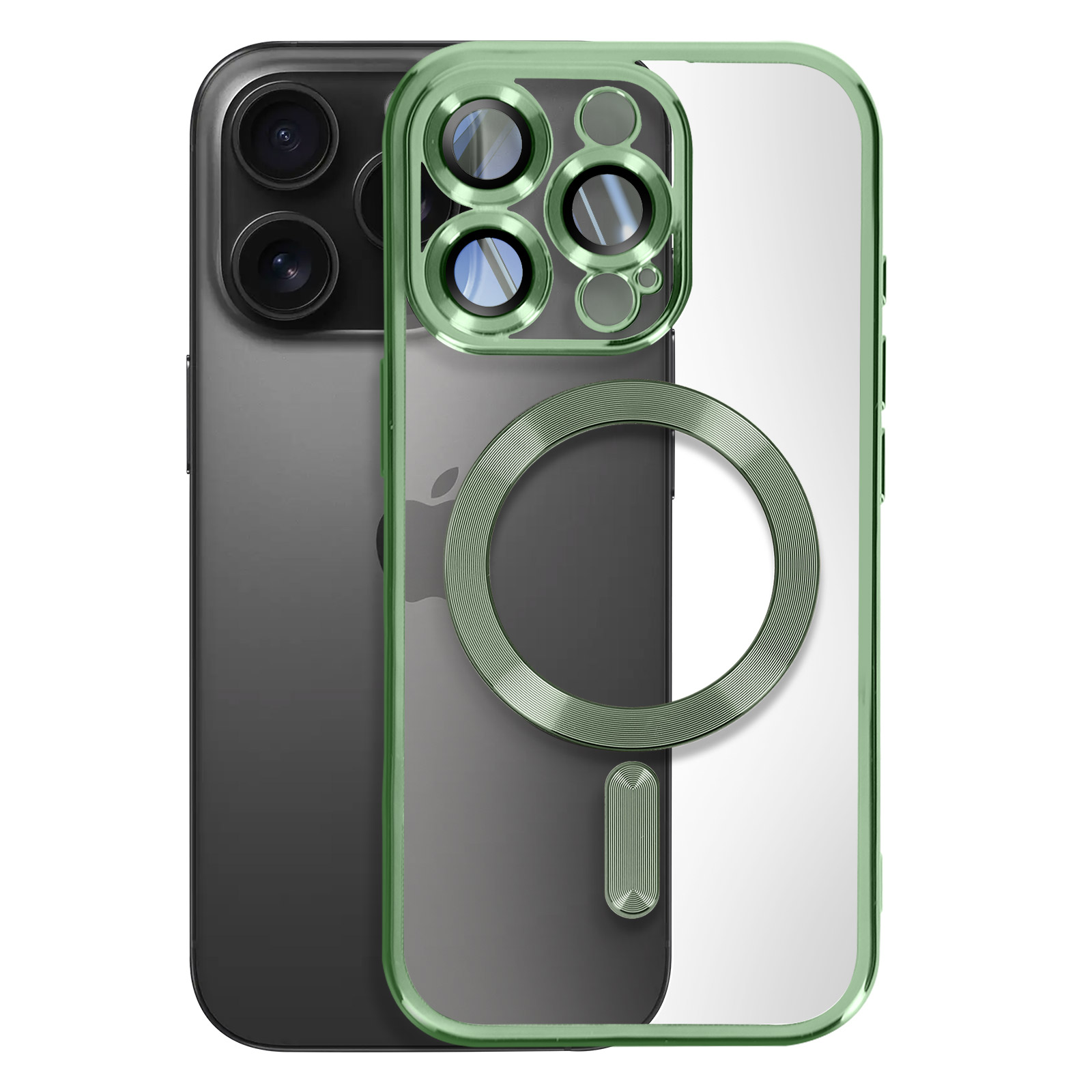 Custodia verde con un telefono, il retro è verde scuro.