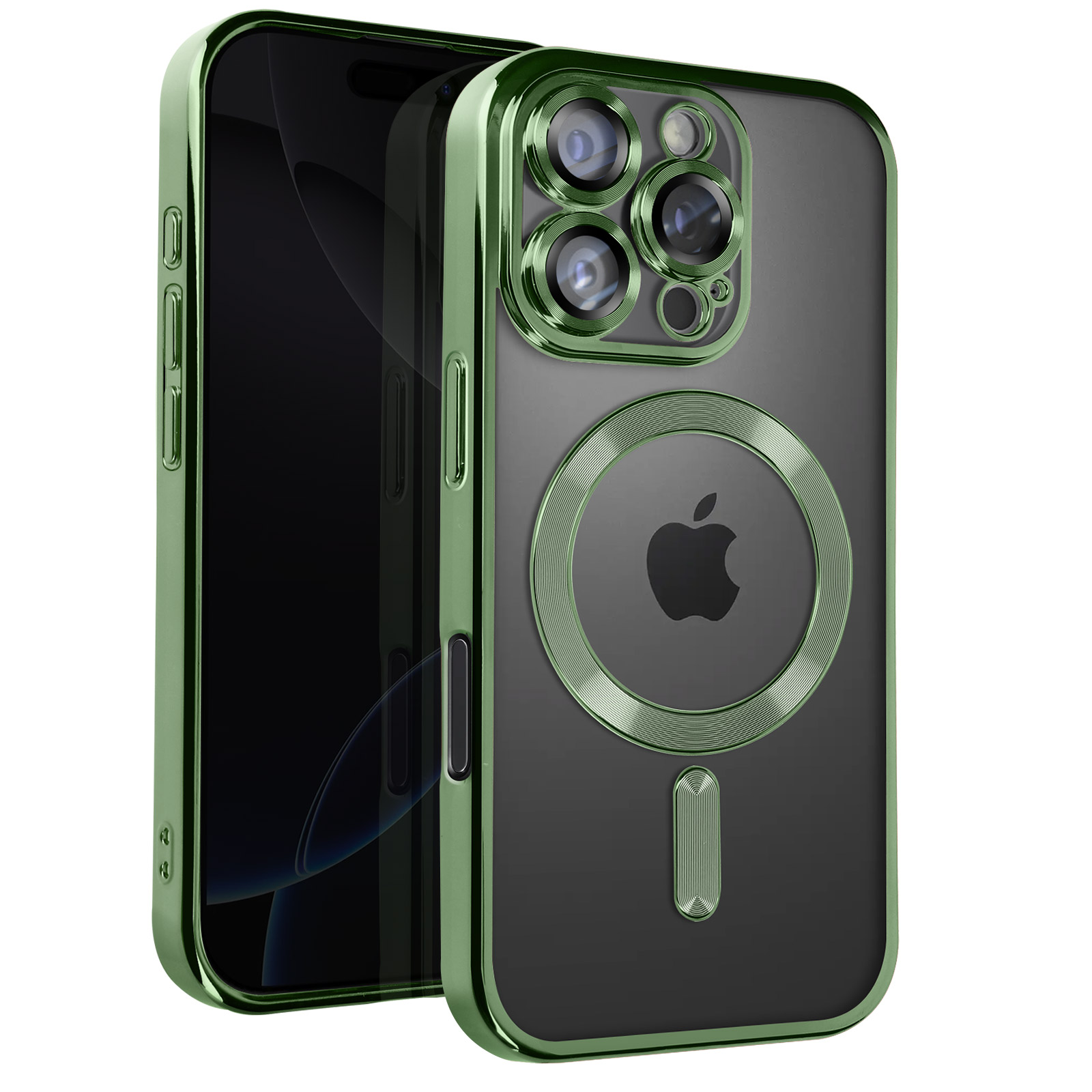 Custodia verde per iPhone con schermo nero. Logo Apple visibile. Anello MagSafe e cornice fotocamera verdi.