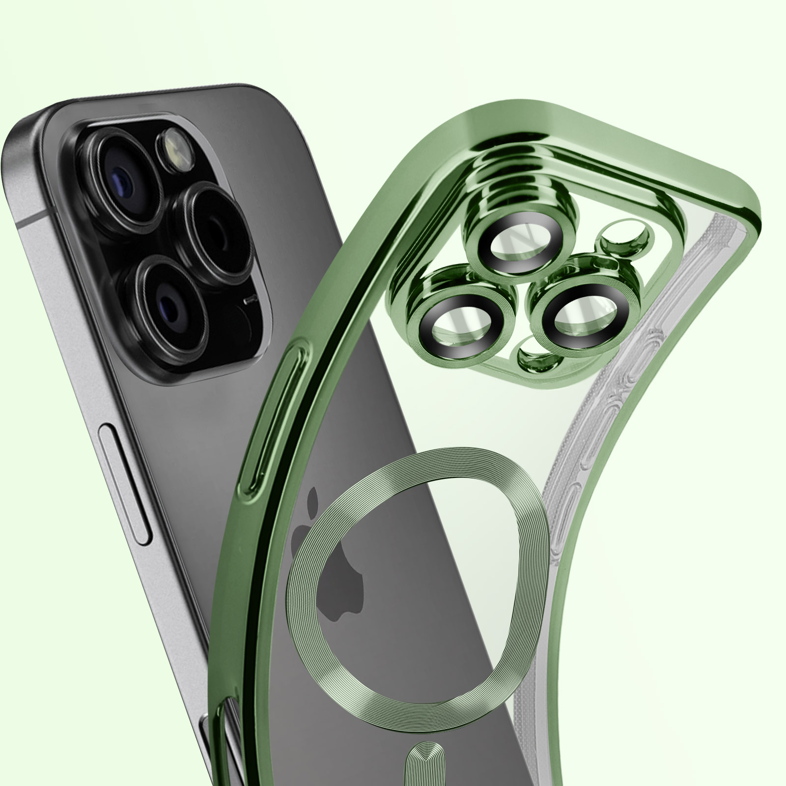 Custodia per telefono verde con telefono e fori per fotocamera.