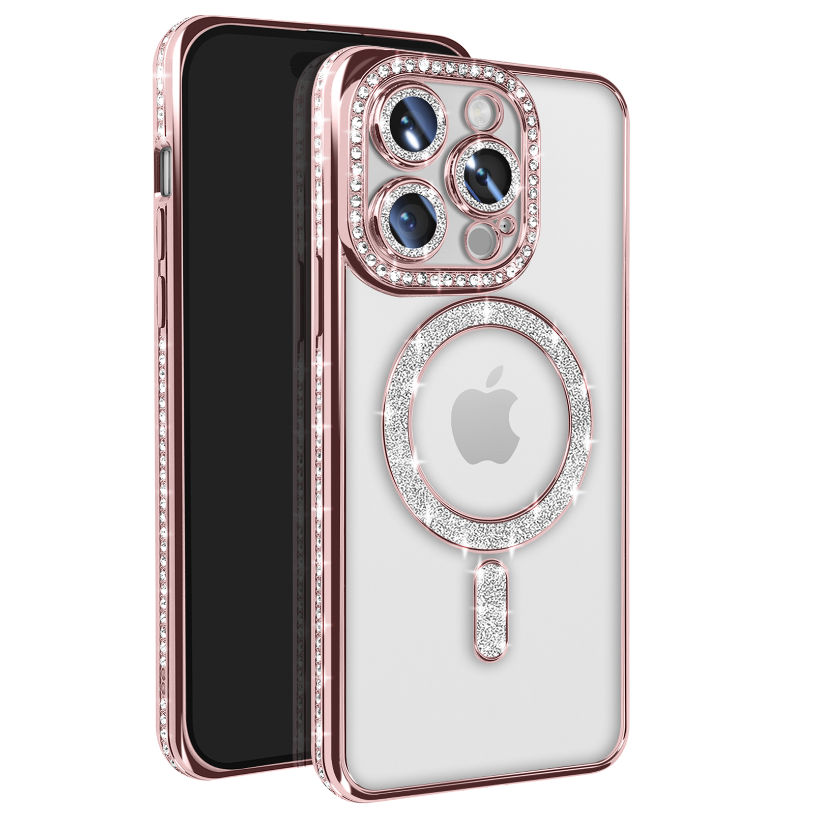 Custodia oro rosa per iPhone con retro trasparente. Dettagli diamante intorno alla fotocamera e all'anello. Logo Apple visibile.