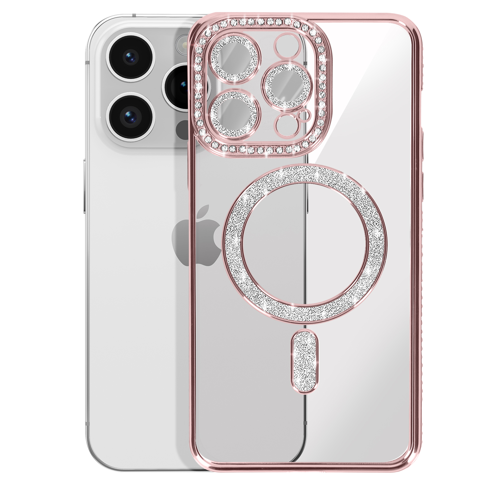 Custodia per telefono oro rosa con strass e un telefono.