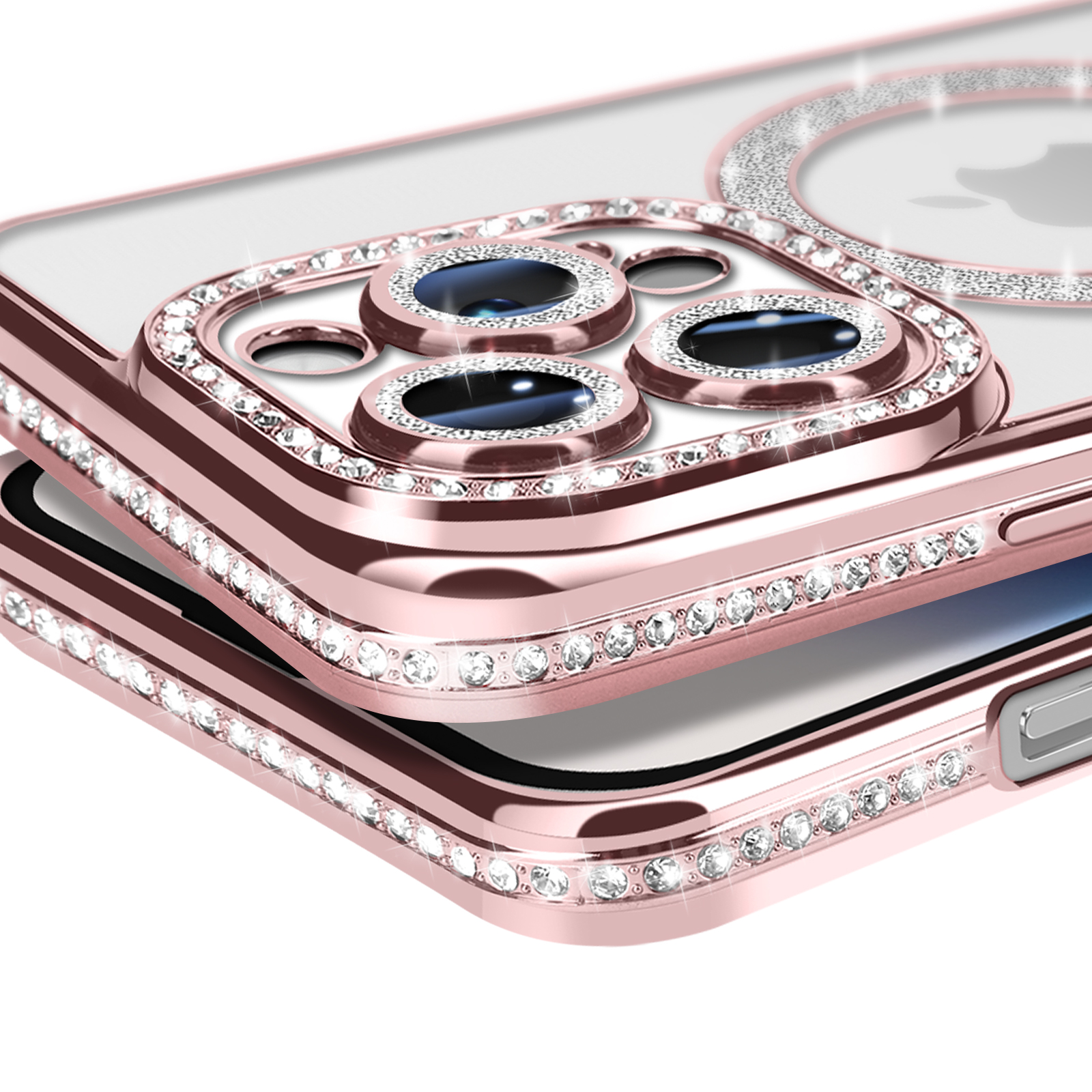 Primo piano di un telefono con custodia bling e supporto ad anello. Sfondo rosa.