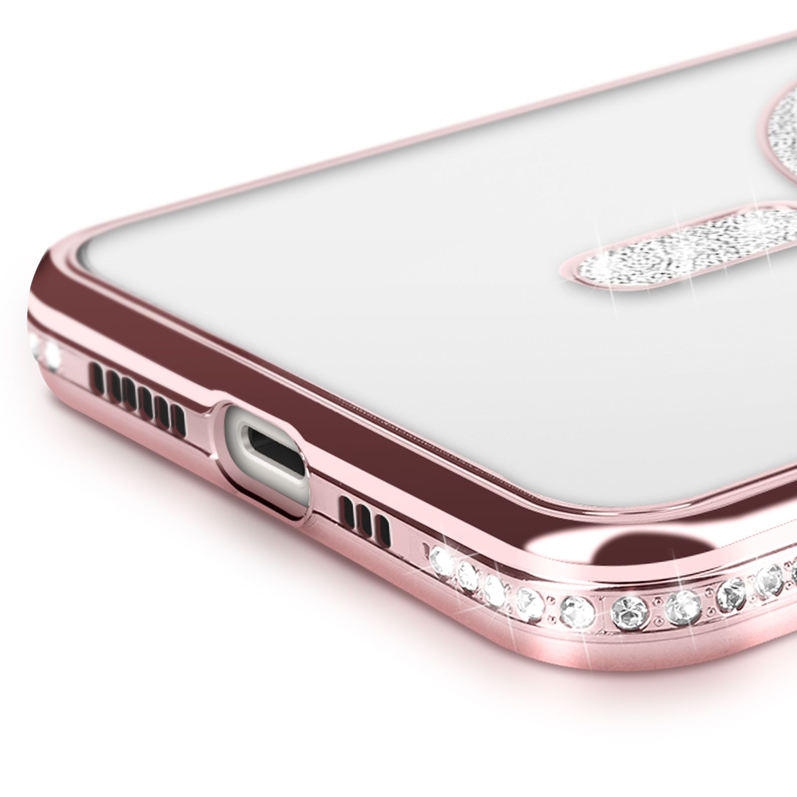 Primo piano di custodia per telefono color oro rosa con strass.