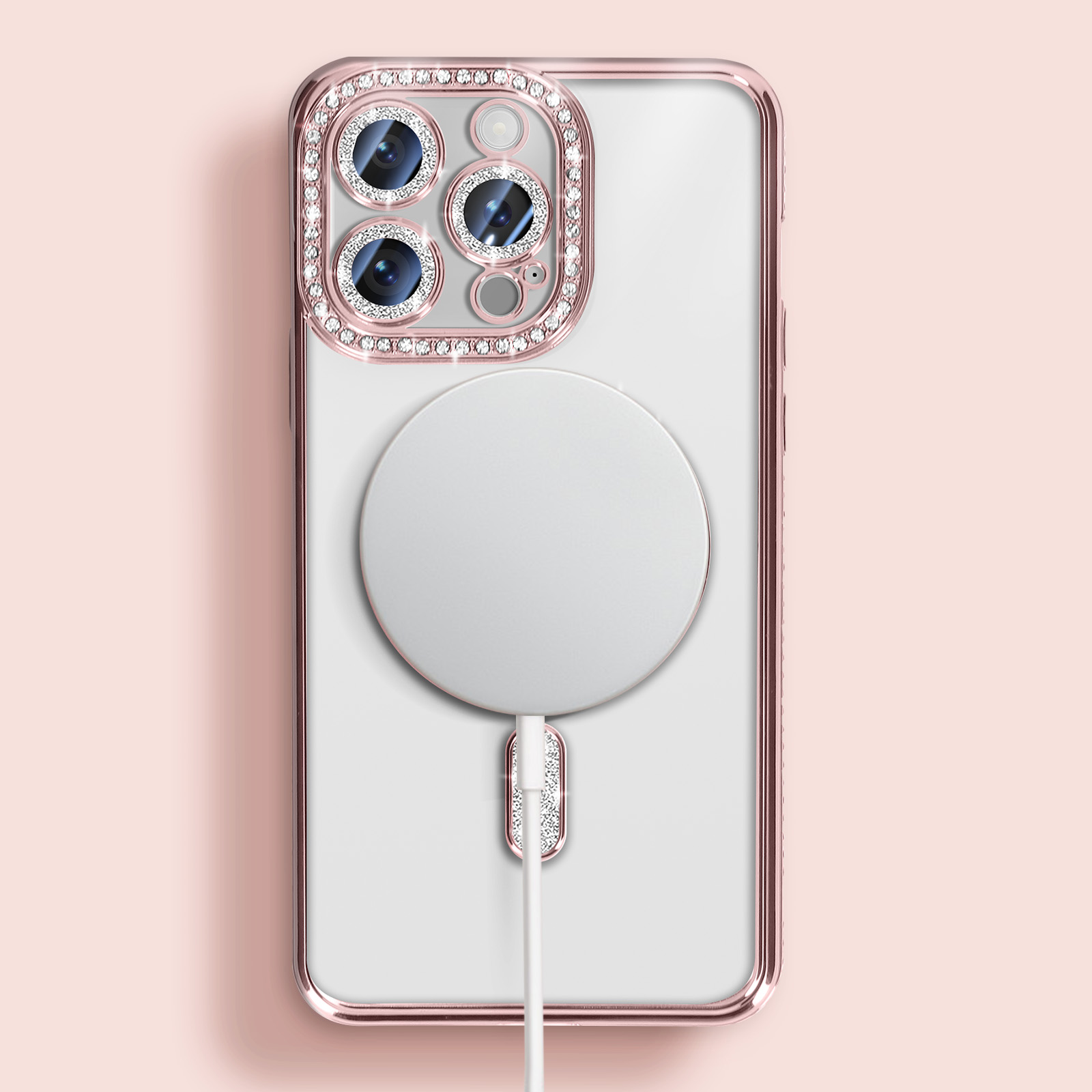 Custodia per telefono con strass e caricatore magnetico.