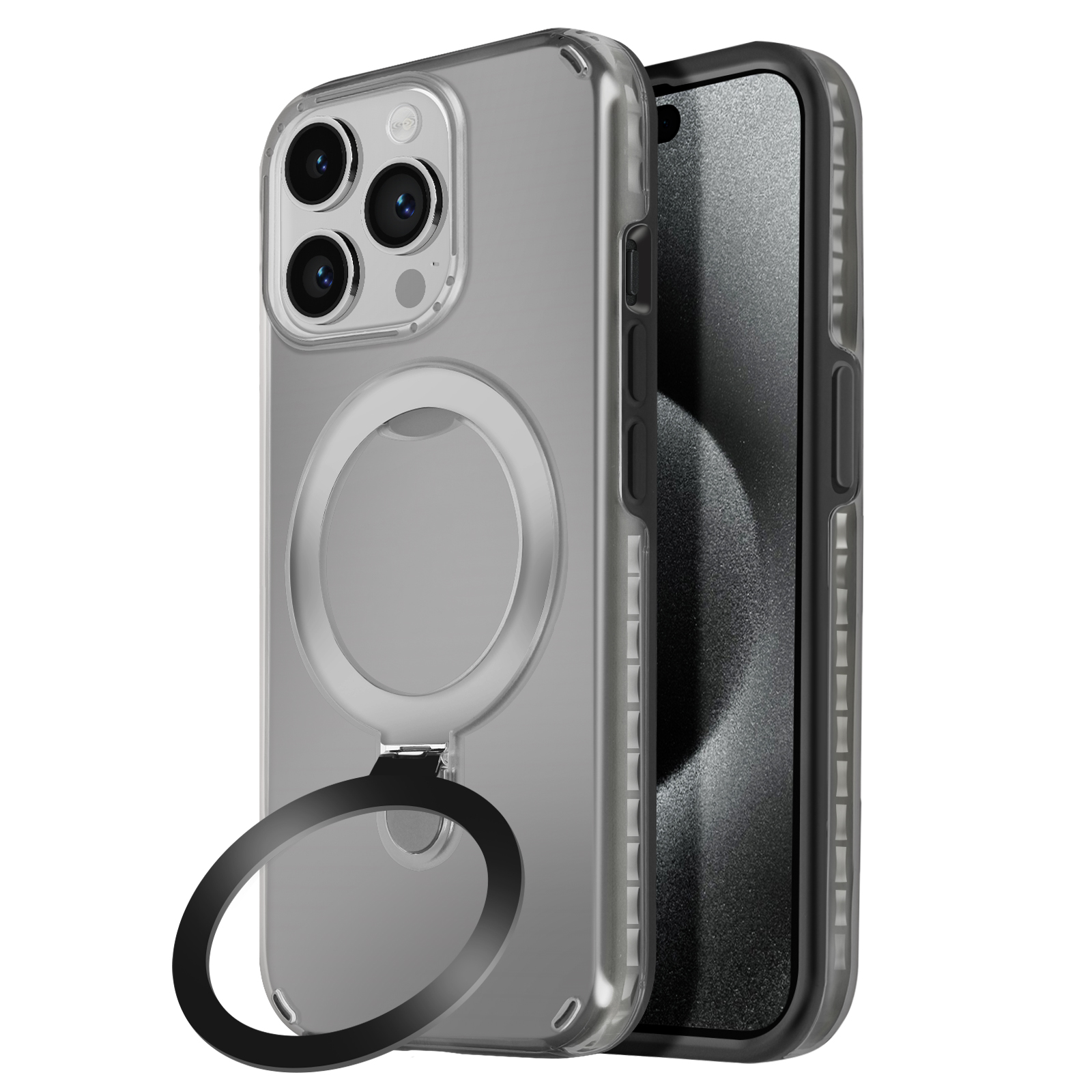 Custodia trasparente con supporto ad anello nero aperto e telefono.