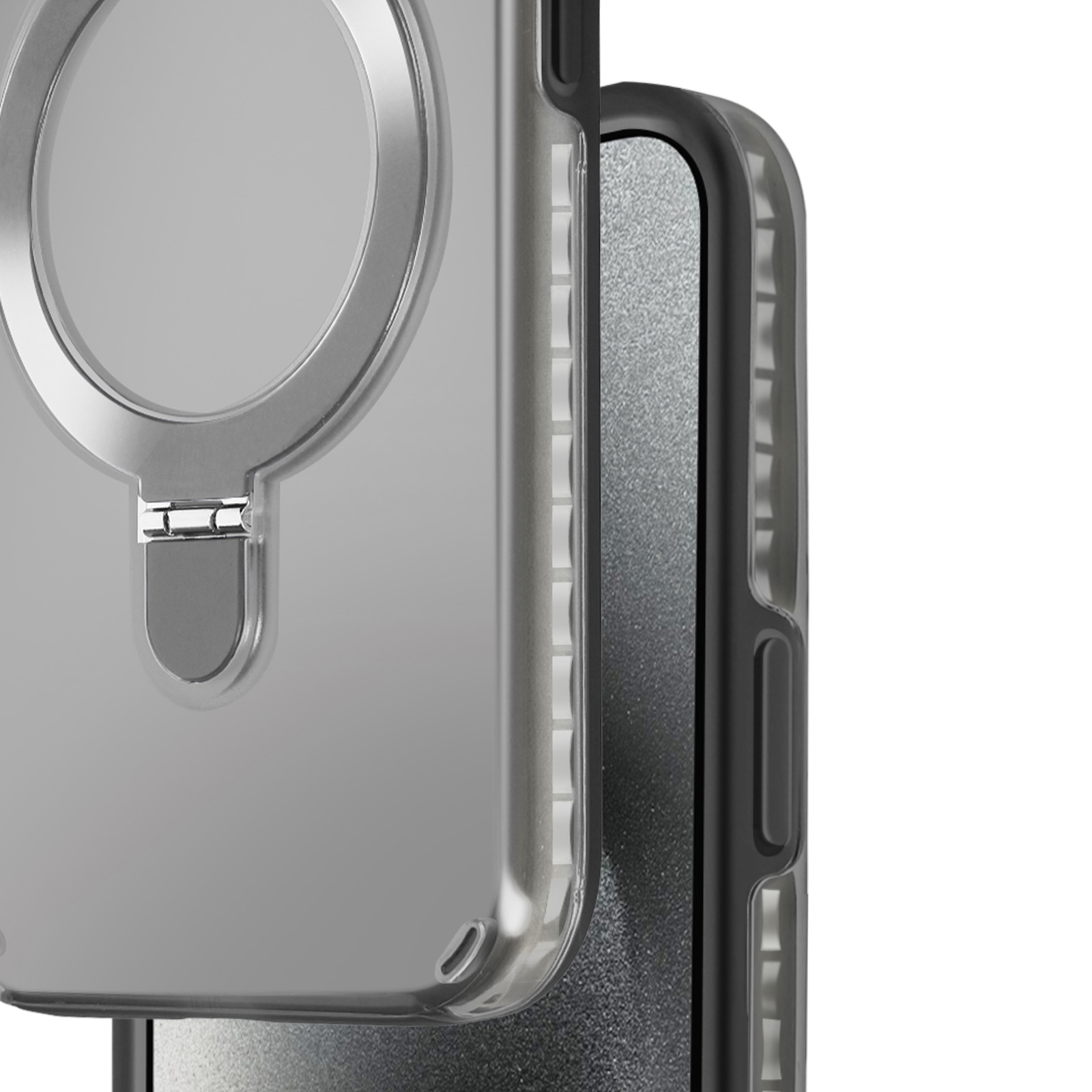 Primo piano di una custodia per telefono con un telefono nero all'interno.