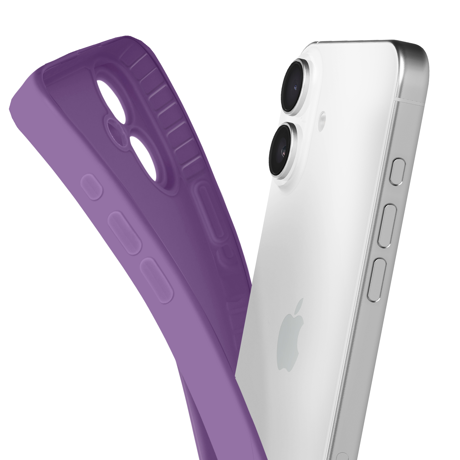 Custodia per telefono viola accanto a un telefono bianco. La custodia ha ritagli. Sfondo bianco.