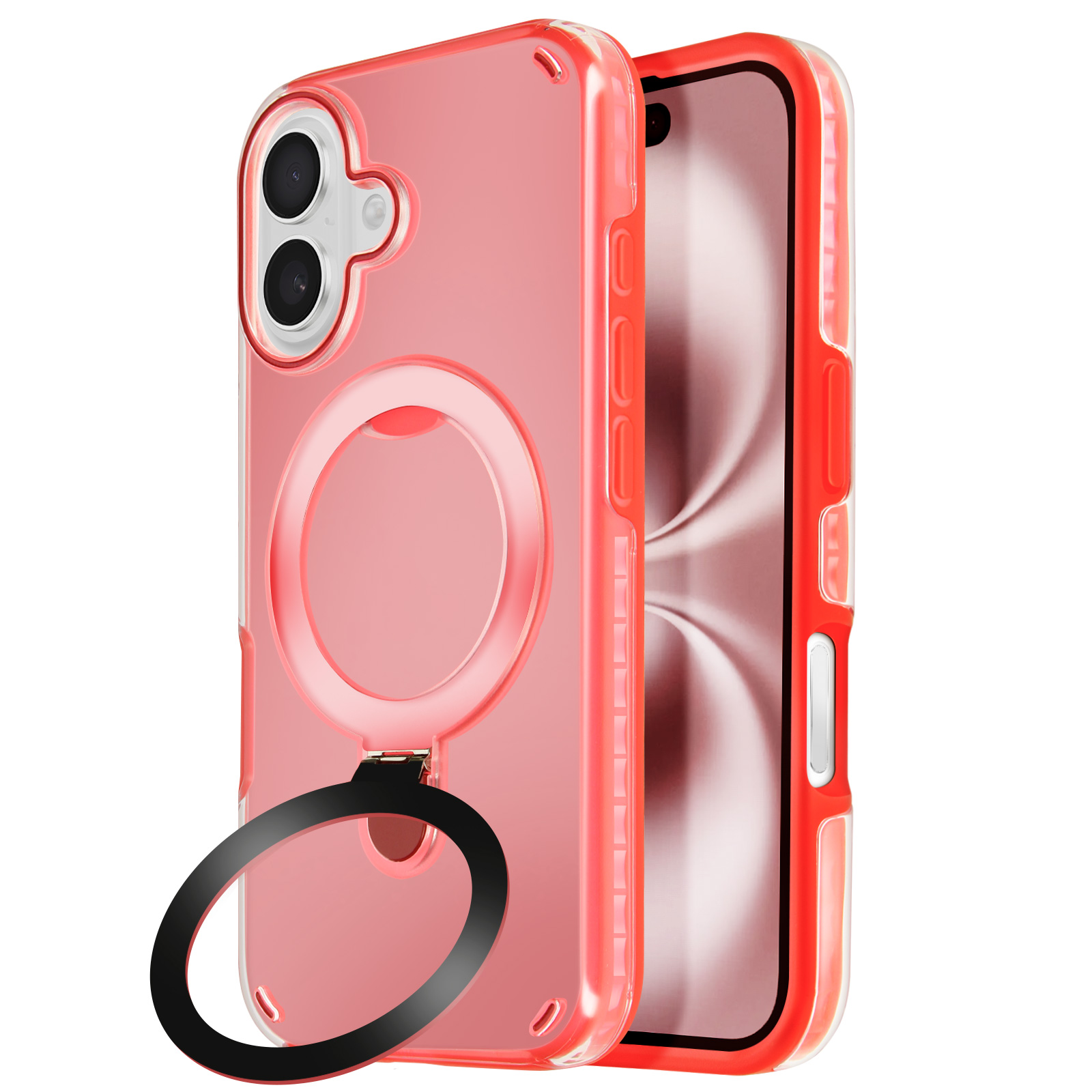 Custodia rosa con anello e telefono all'interno. Il telefono è visibile a destra.