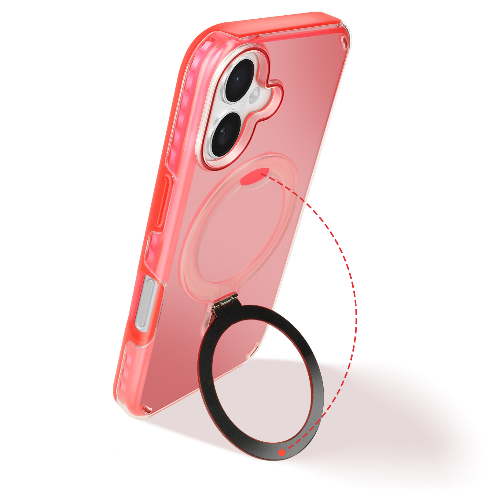 Custodia per telefono rossa con supporto ad anello. La custodia è trasparente. Sfondo bianco.