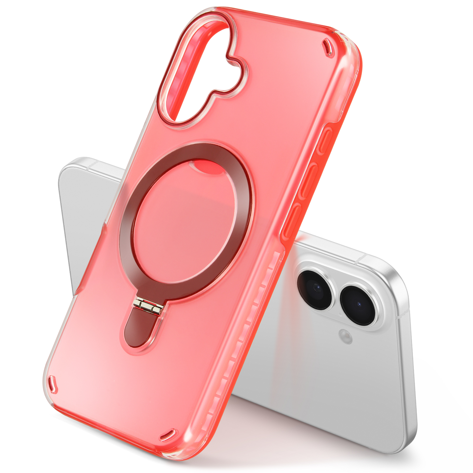 Custodia per telefono rossa trasparente con supporto ad anello. Il telefono bianco è appoggiato alla custodia.