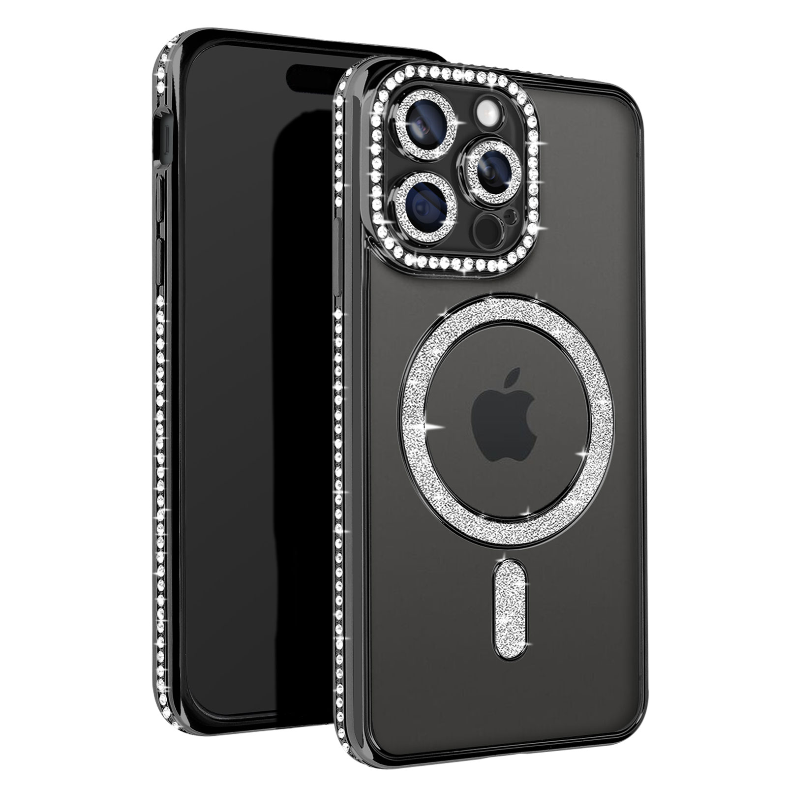 Telefono nero con custodia trasparente tempestata di strass. Sfondo bianco.