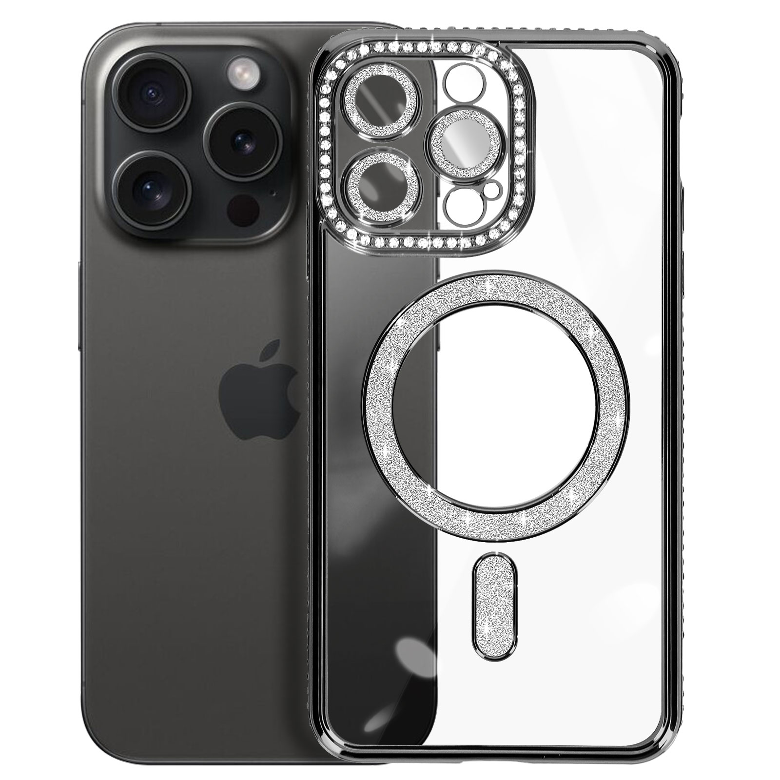 Telefono nero con custodia trasparente tempestata di strass. Sfondo bianco.