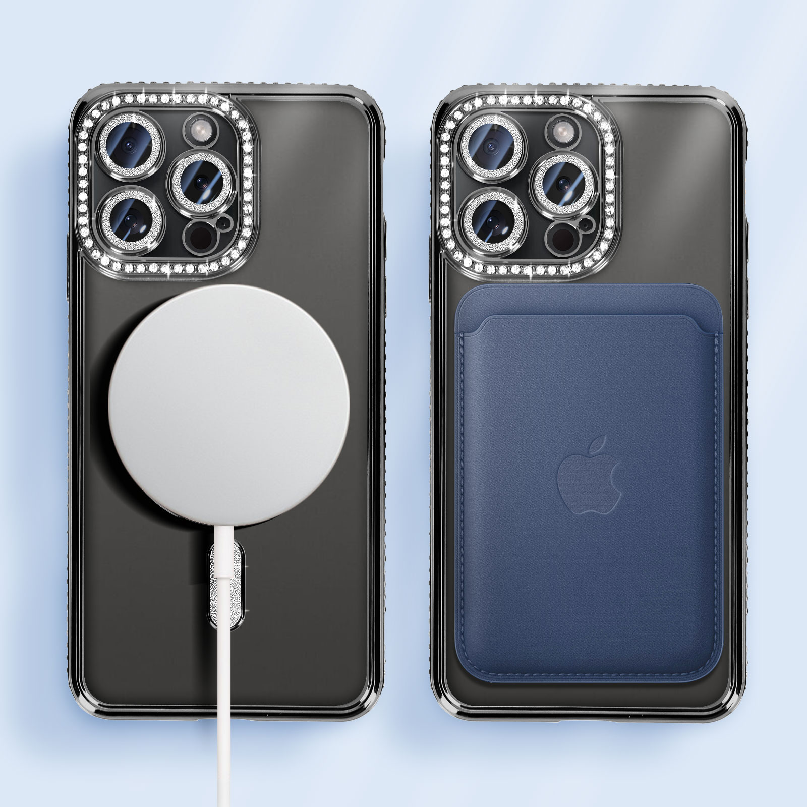 Due telefoni, uno con accessori di ricarica, uno con un portacarte blu. Sfondo blu.