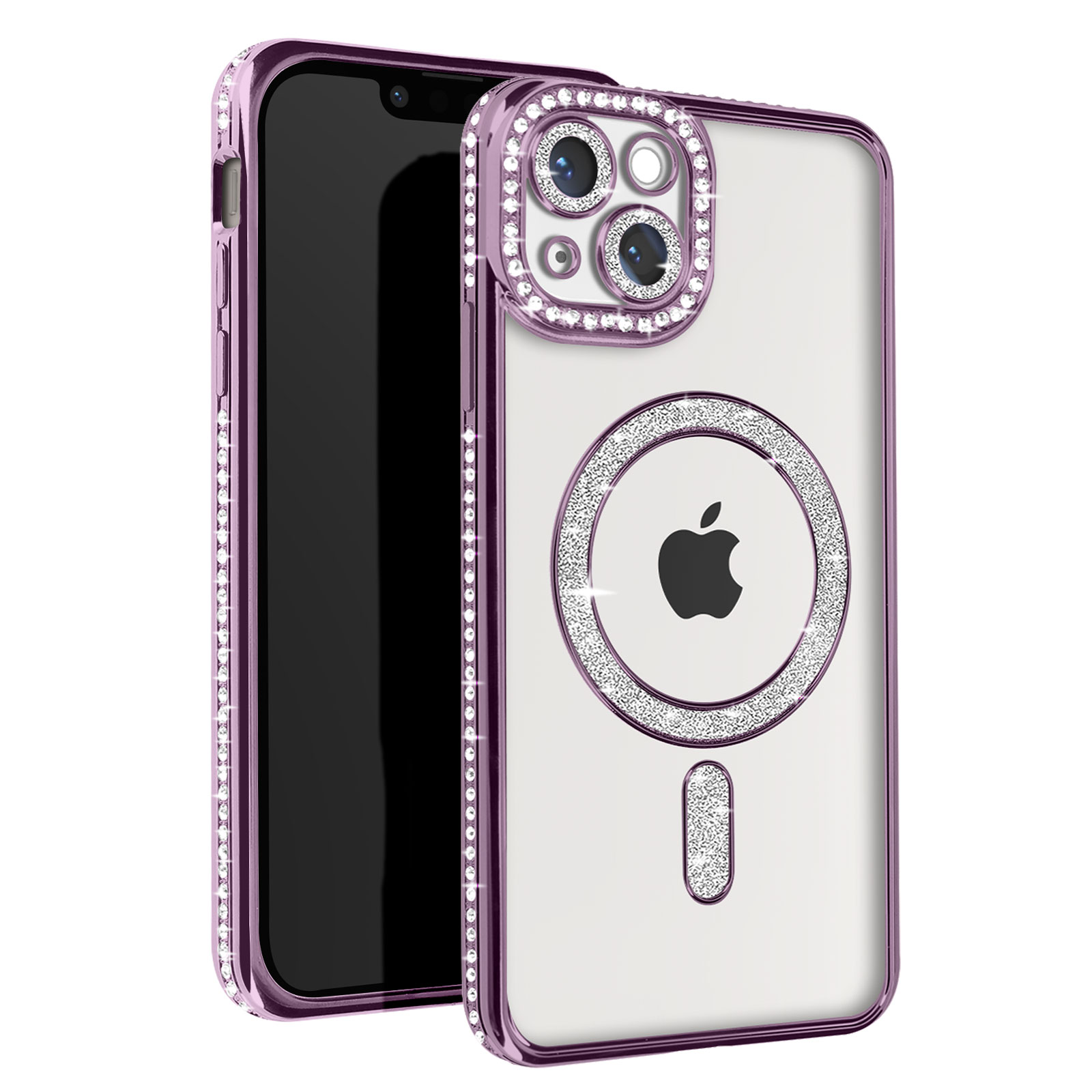 Telefono viola con custodia trasparente tempestata di strass. Sfondo bianco.