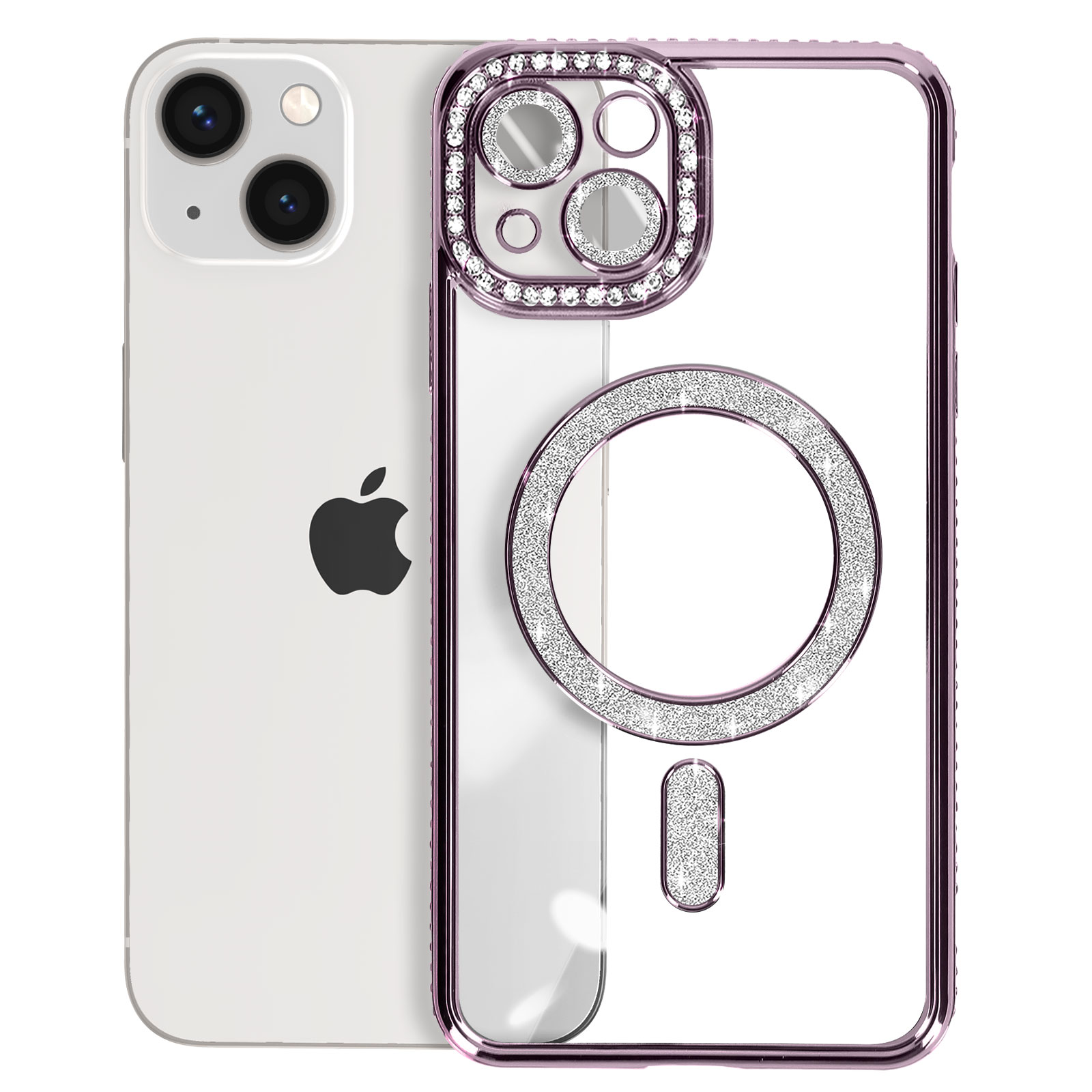 Telefono bianco con custodia viola glitterata. La custodia ha un cerchio scintillante.
