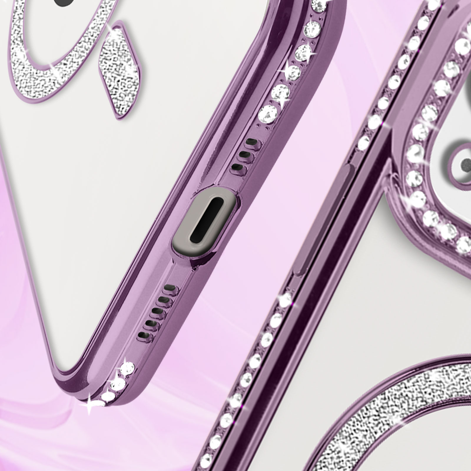 Primo piano di una custodia per telefono con cristalli. Schema di colori viola e bianco.