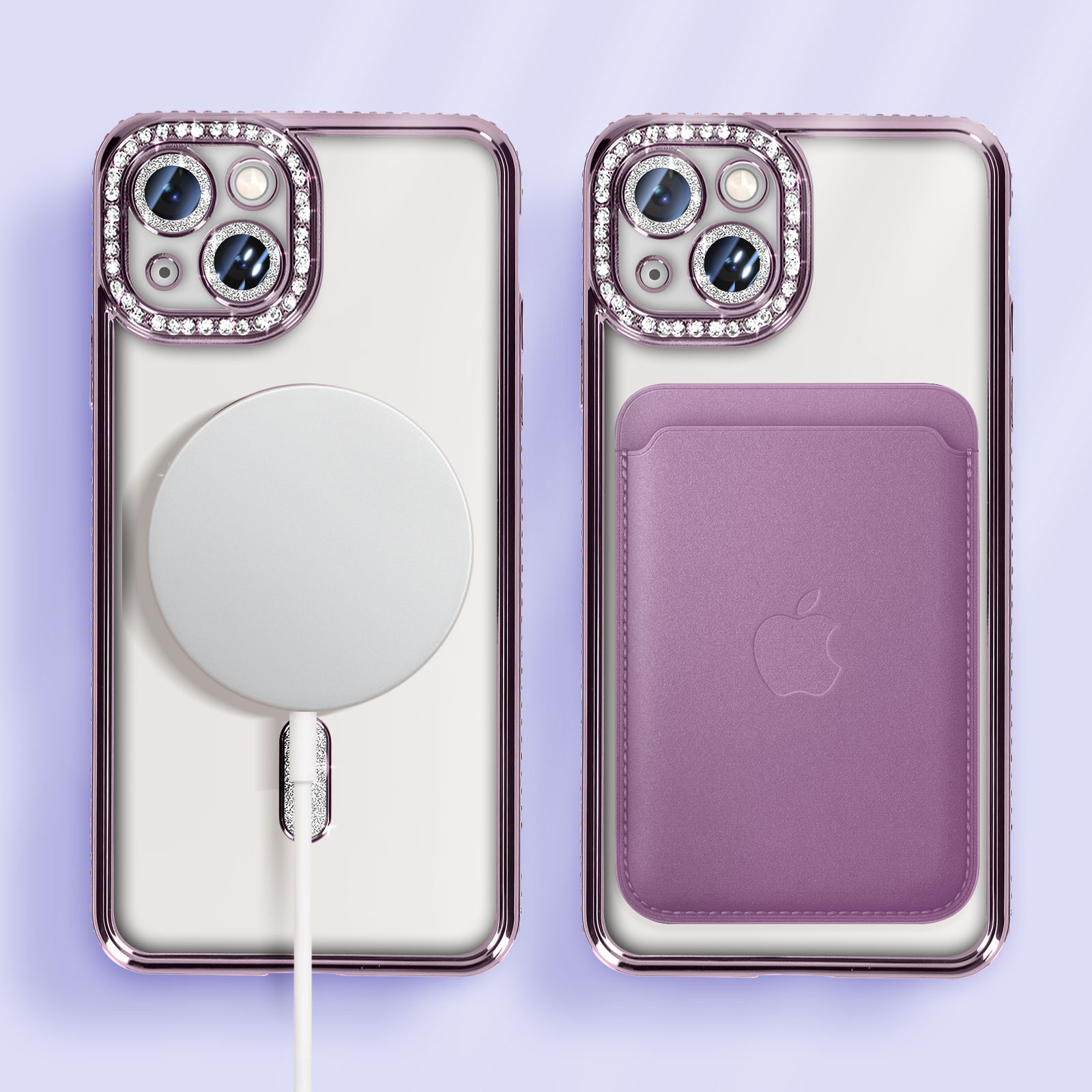 Due telefoni, uno con accessori di ricarica, uno con un portacarte viola. Sfondo viola.