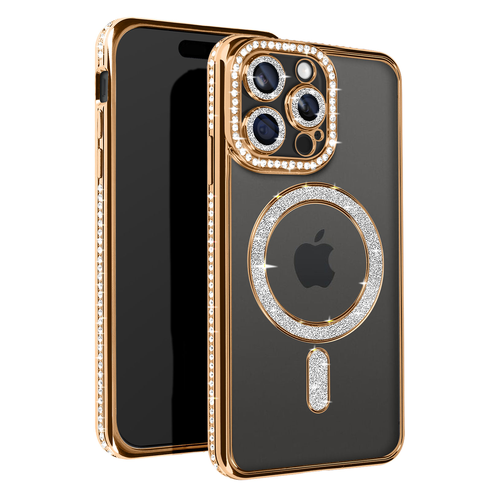 Custodia per telefono con diamanti attorno alla fotocamera e un cerchio. Telefono nero all'interno.