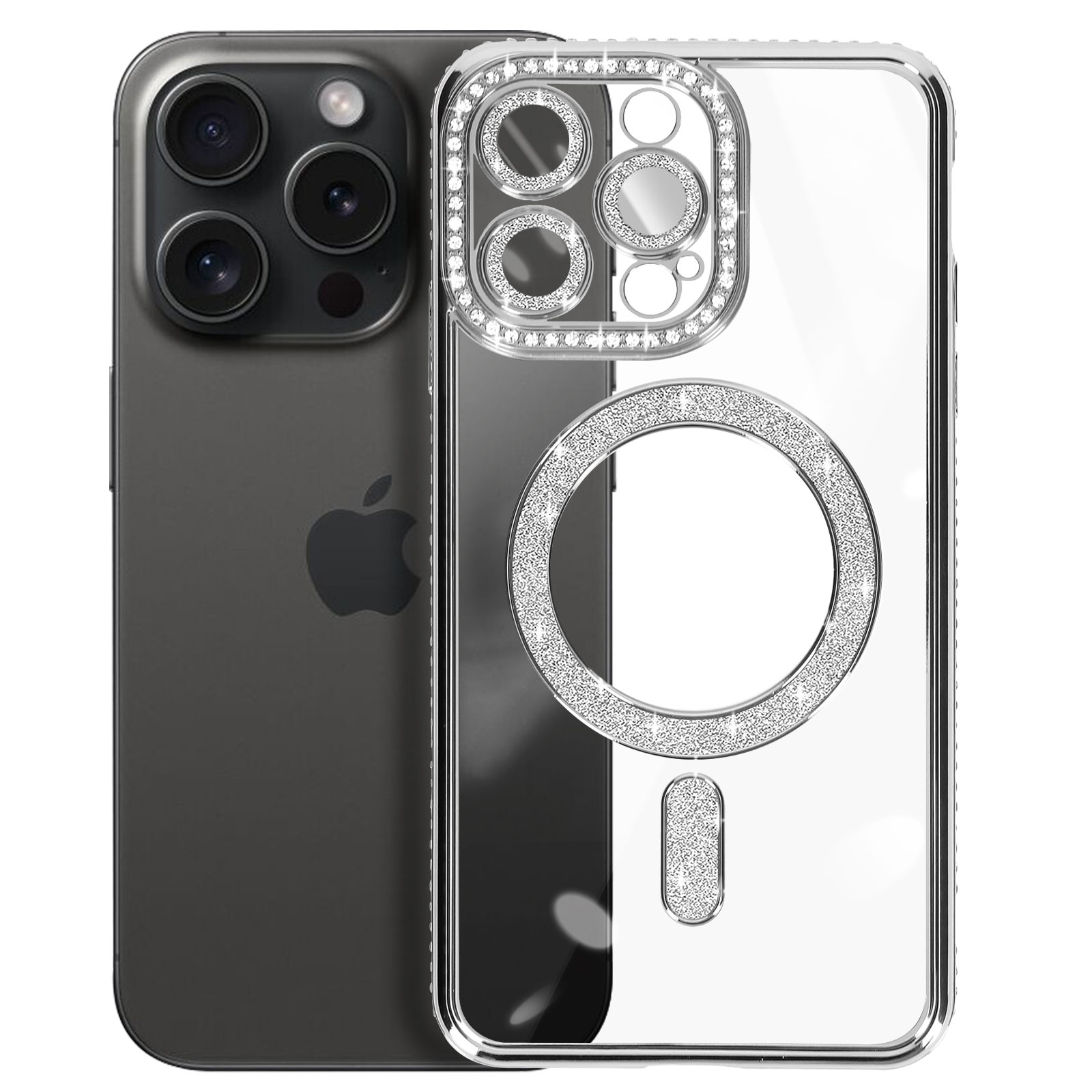 Custodia per telefono con diamanti argentati attorno alla fotocamera e un cerchio. Telefono nero all'interno.