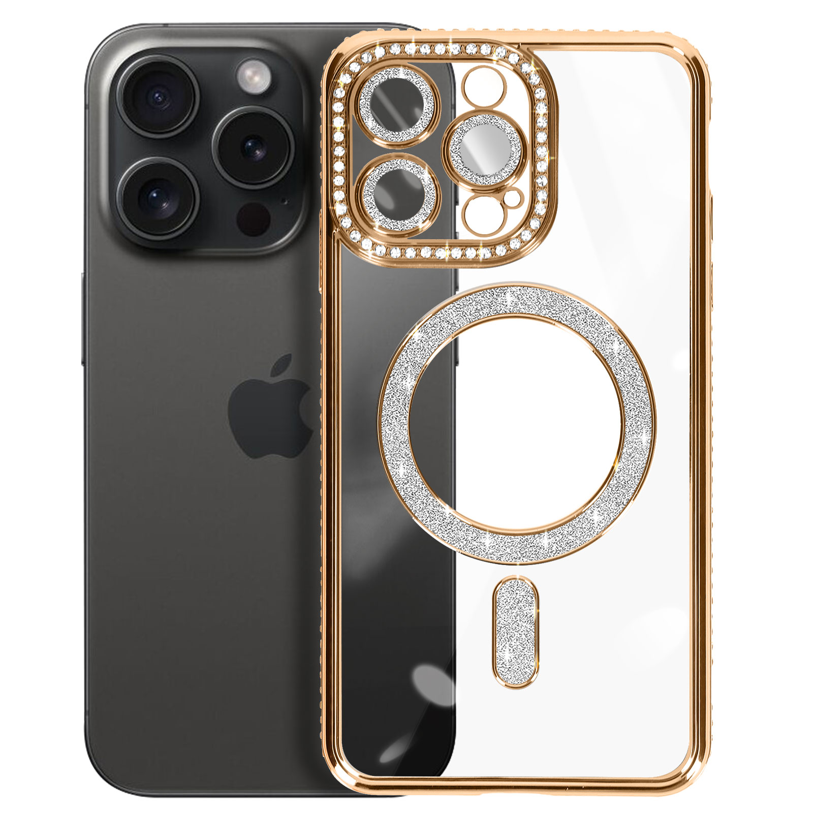 Custodia per telefono con bordo dorato e diamanti attorno alla fotocamera e un cerchio.