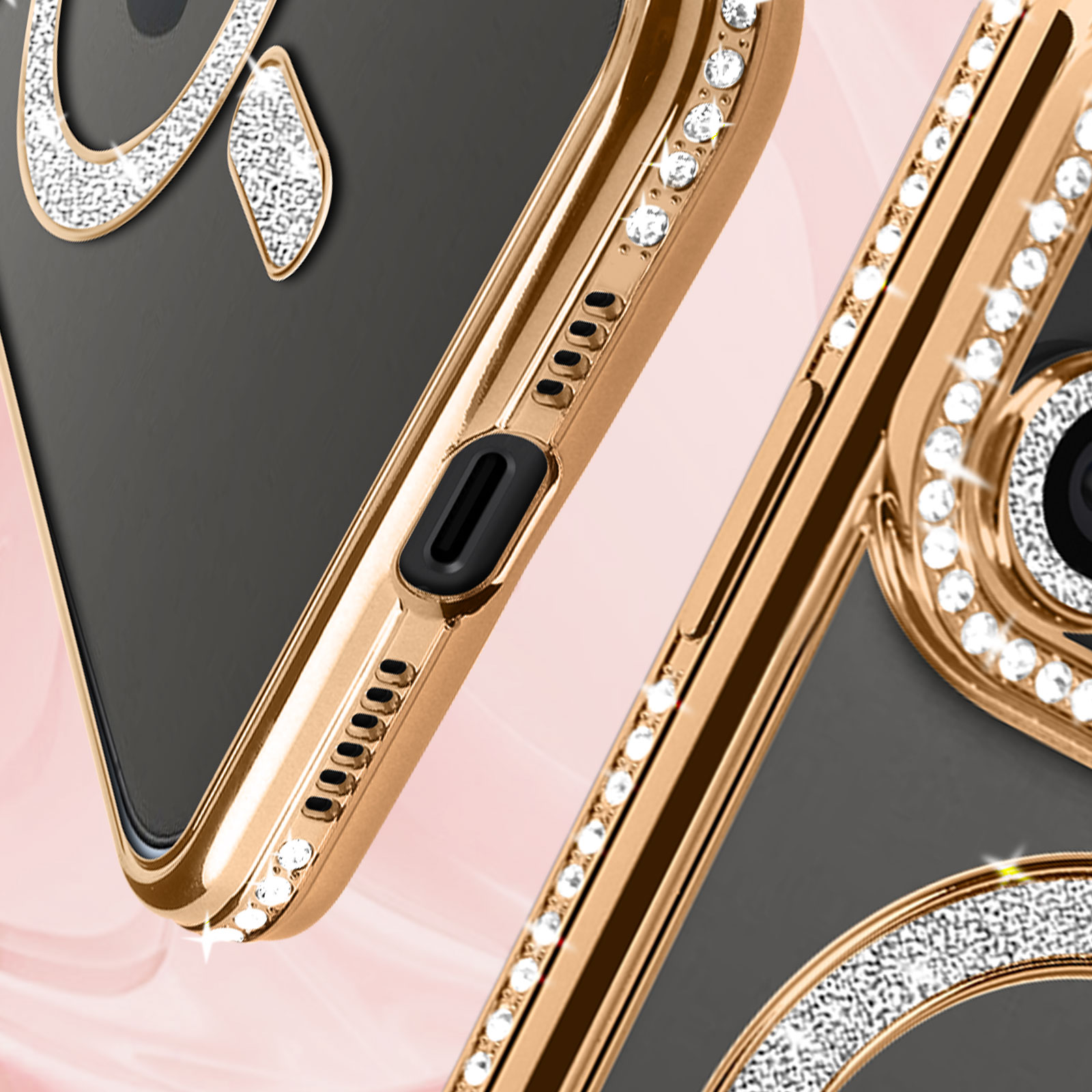 Primo piano di una custodia per telefono color oro con abbellimenti di cristallo. Design decorativo sul lato.