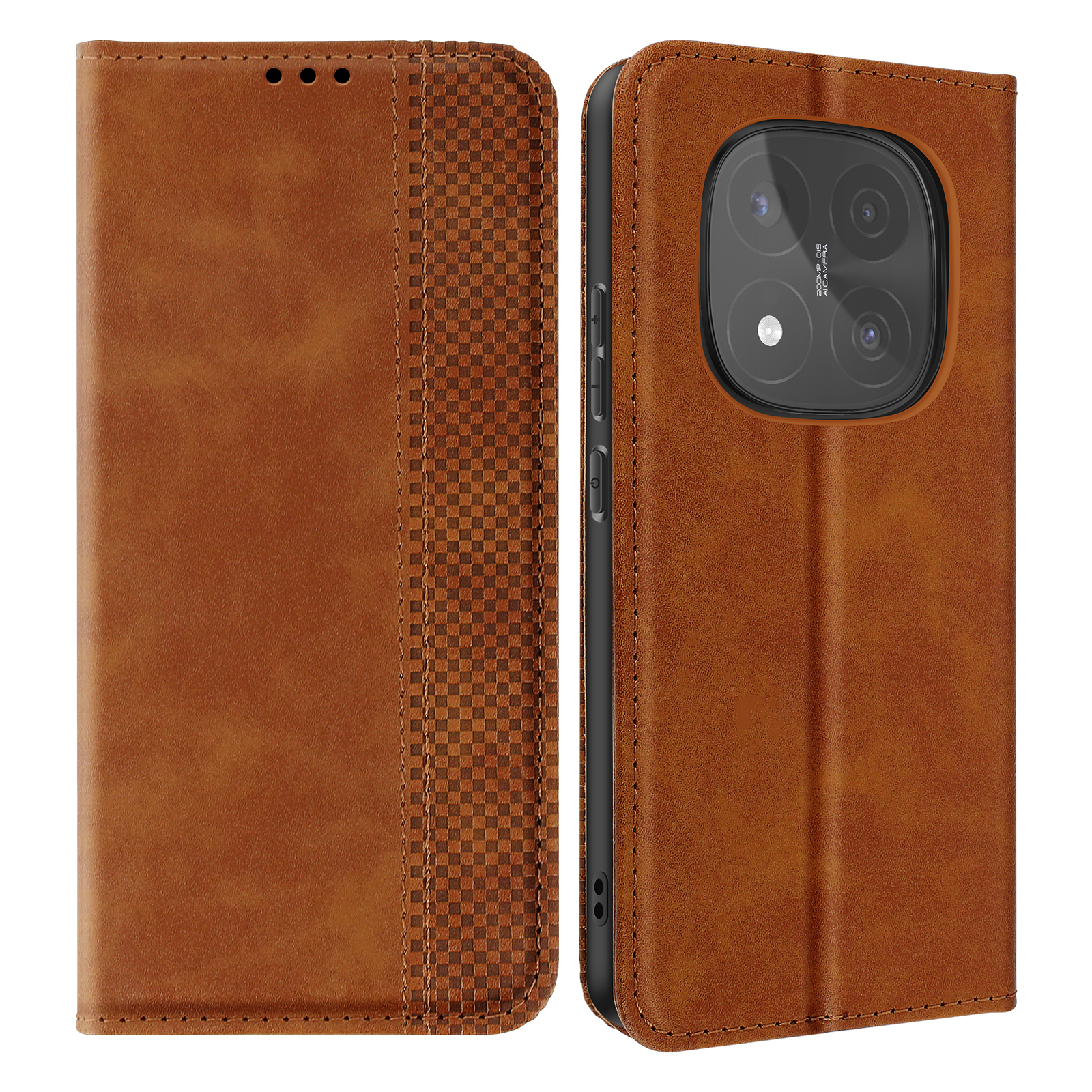 Custodia per telefono marrone con un telefono all'interno. Design a scacchi all'interno.