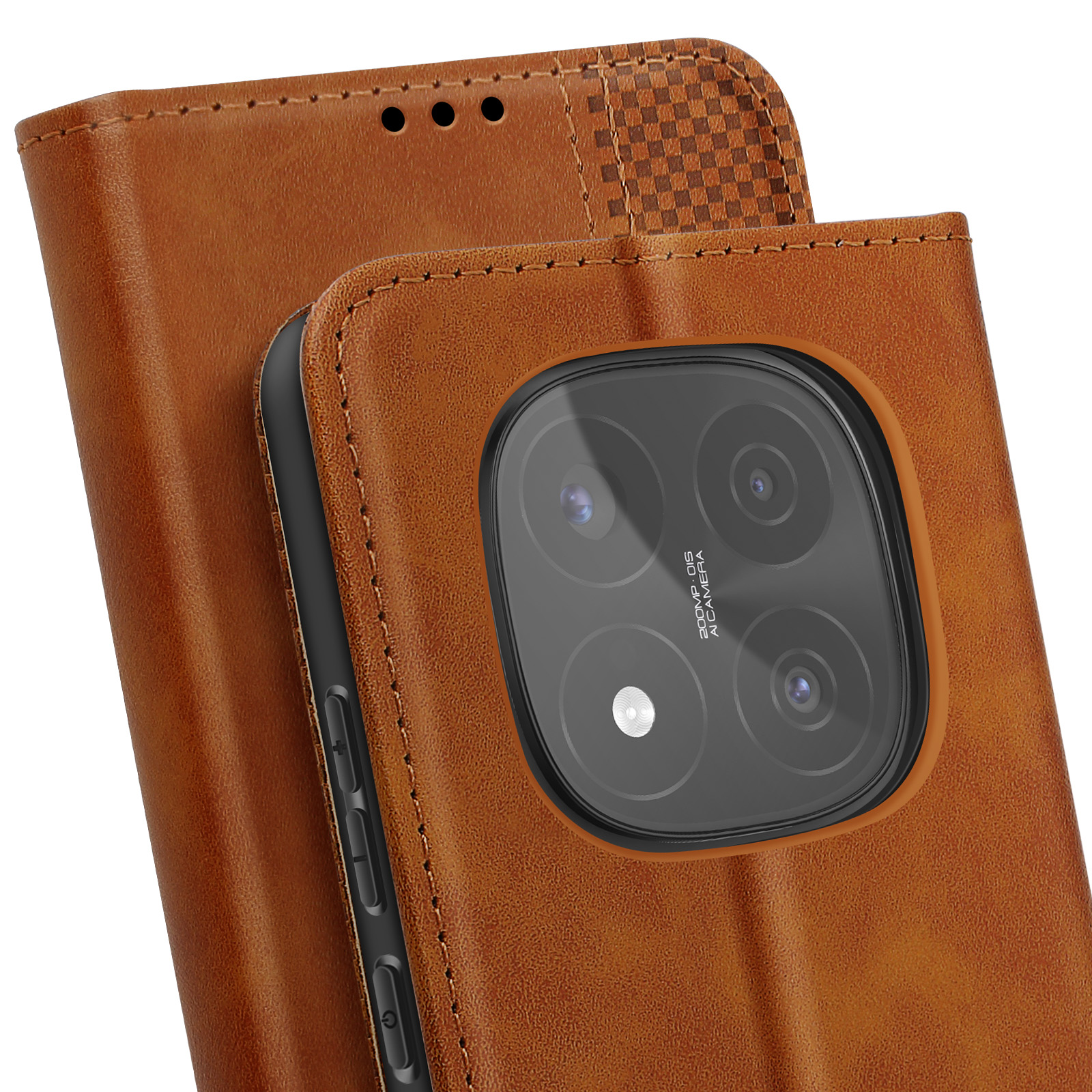 Custodia per telefono in pelle marrone con area fotocamera nera. La custodia è aperta.