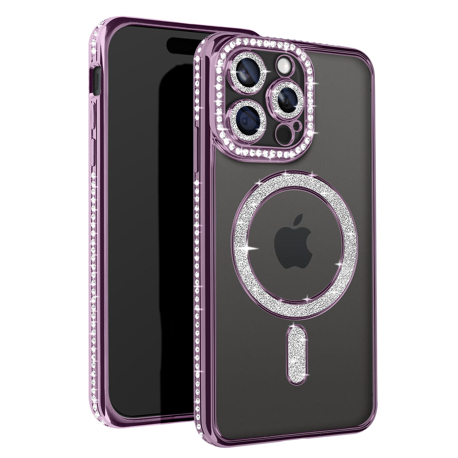 Telefono in custodia viola, con finiture in cristallo. Un anello magnetico attorno al logo Apple sul retro.