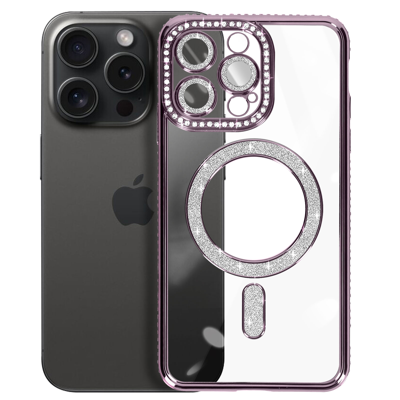 Una custodia per telefono viola con bordo di strass. Un telefono viola accanto.