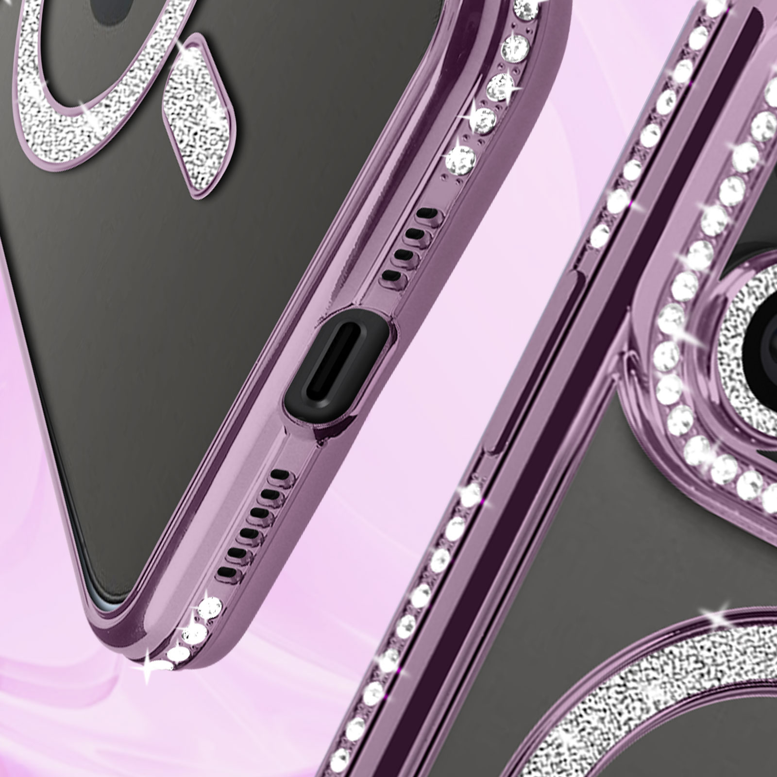 Primo piano di una custodia per telefono viola con strass e dettagli del telefono.