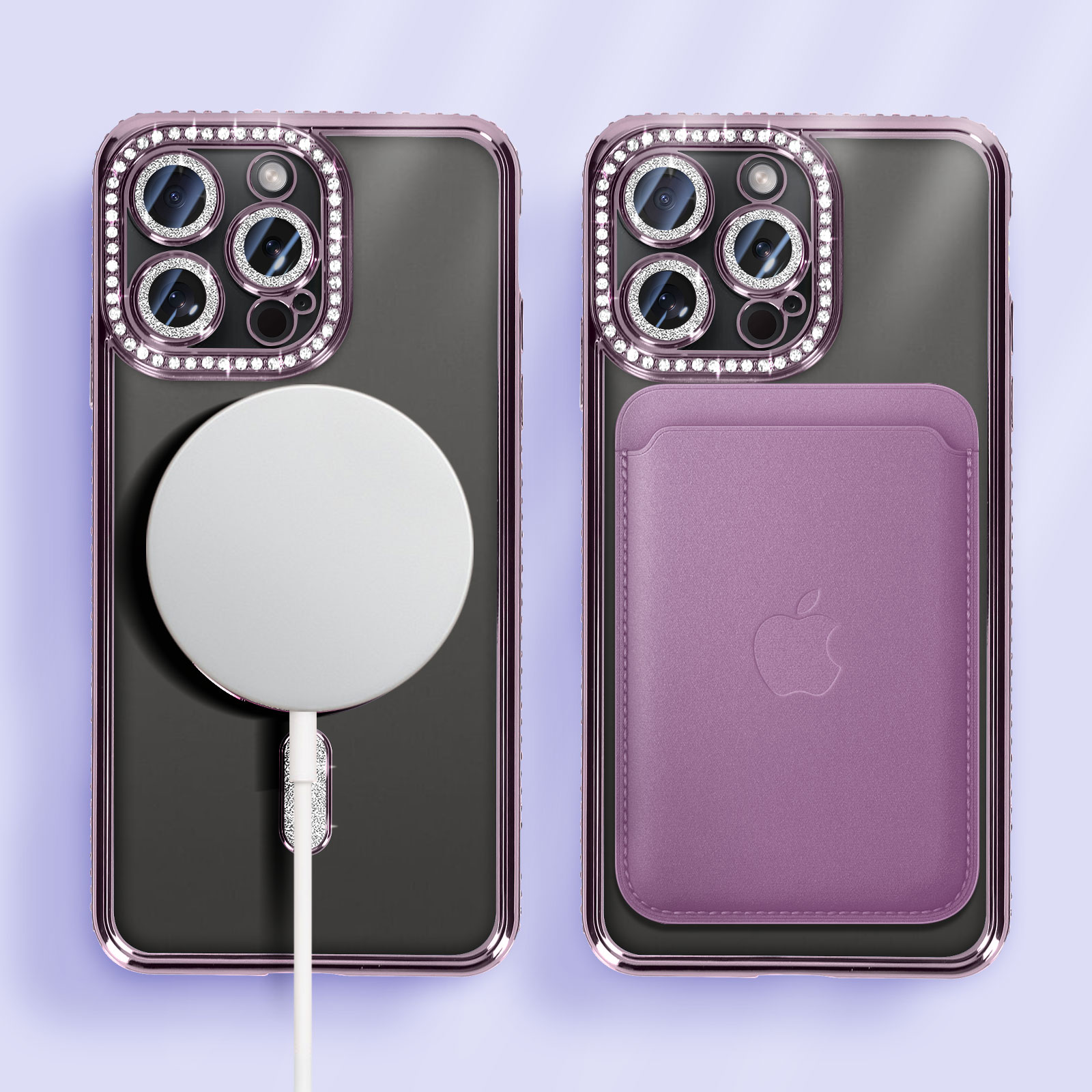 Due custodie per telefono. Una con un cerchio bianco e l'altra con un porta carte viola.