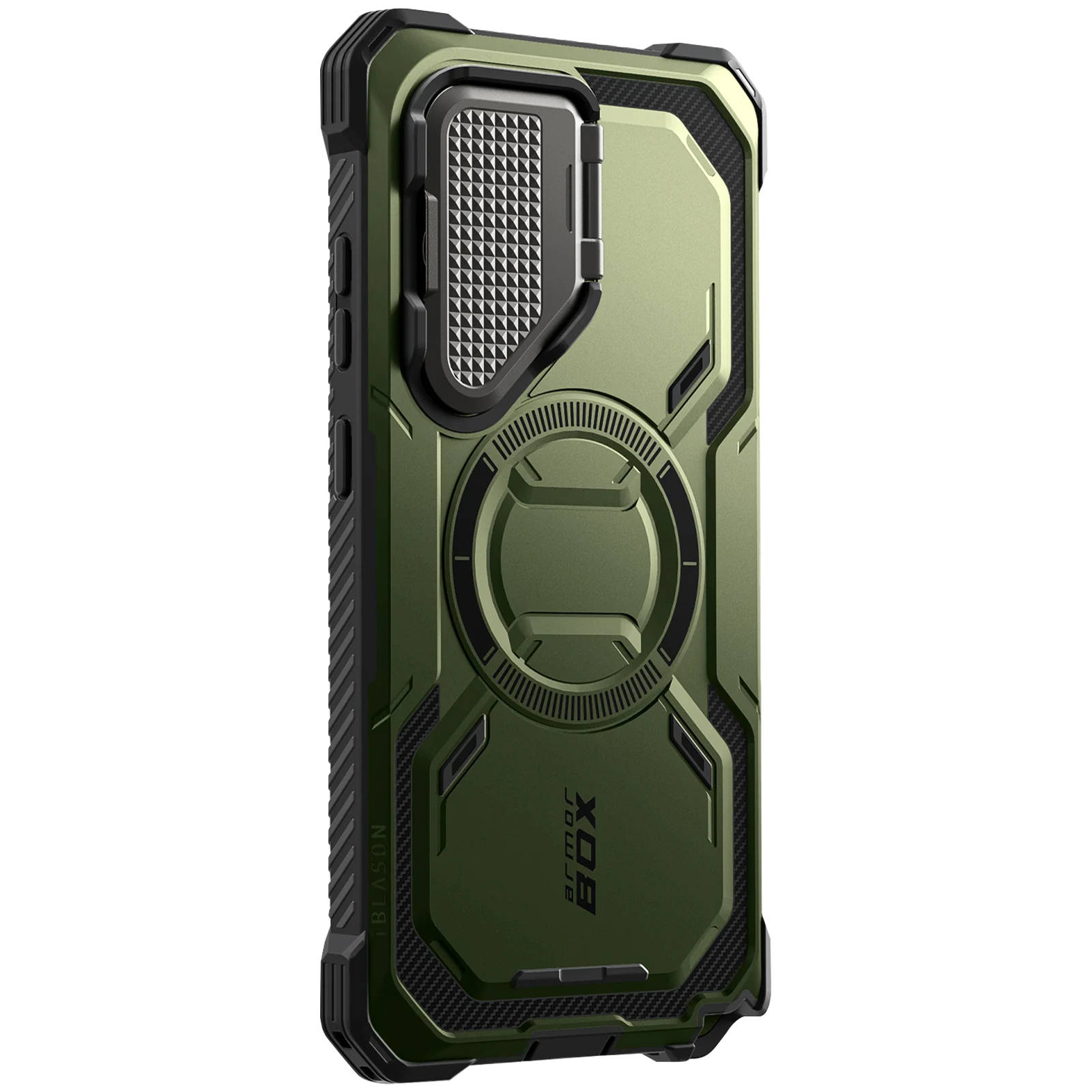 Custodia per telefono verde con un design robusto. La custodia ha una cornice e dettagli neri.