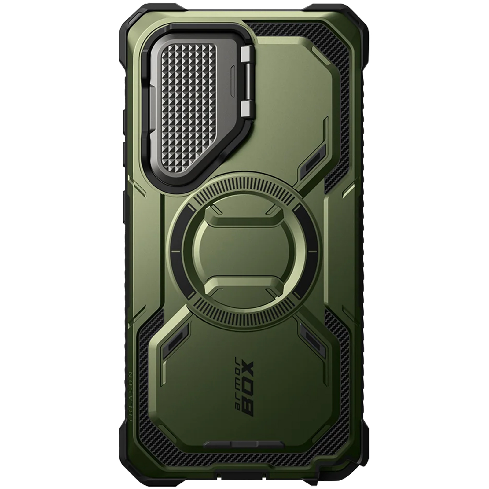 Custodia per telefono verde con un design robusto. La custodia ha una cornice e dettagli neri.