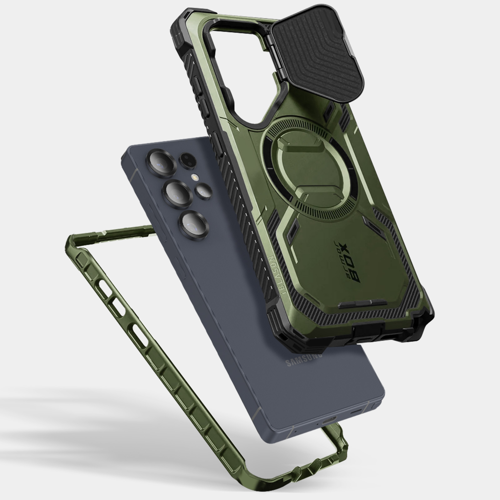 Custodia per telefono, verde e nera, vista esplosa. Telefono e parti della custodia separate.