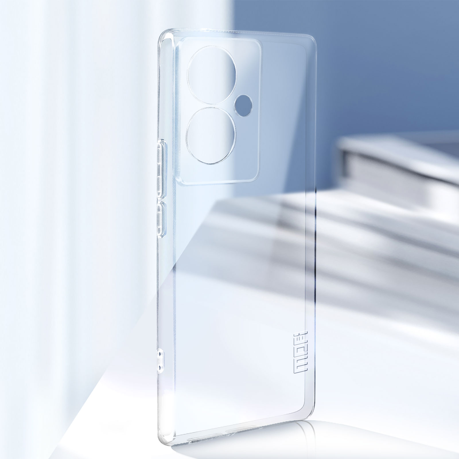 Custodia trasparente per telefono. Fotocamera e pulsanti del telefono sono visibili.