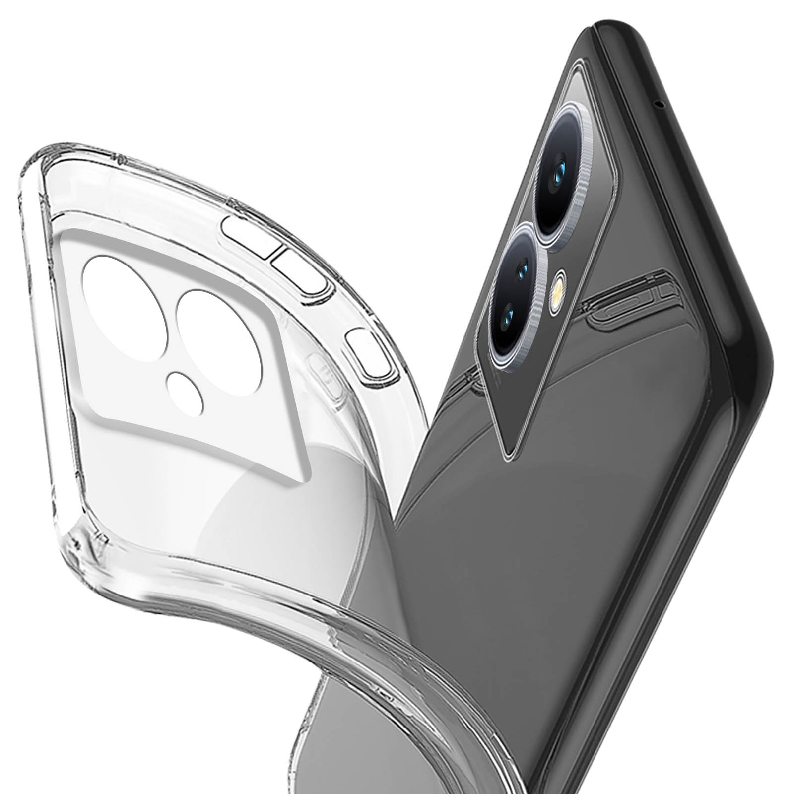 Custodia trasparente per telefono su un telefono. La fotocamera è visibile. Il telefono è scuro.