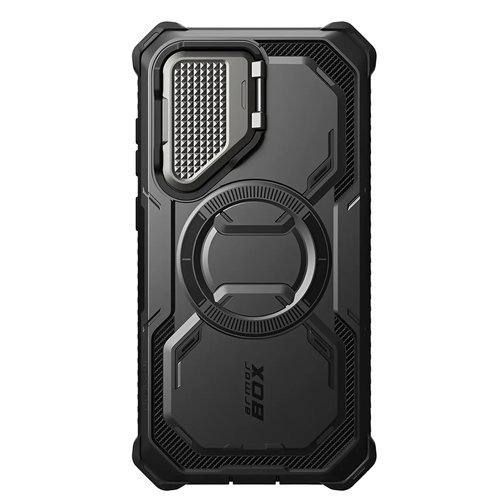 Custodia nera con protezione fotocamera e design circolare. Logo Armor Box visibile.