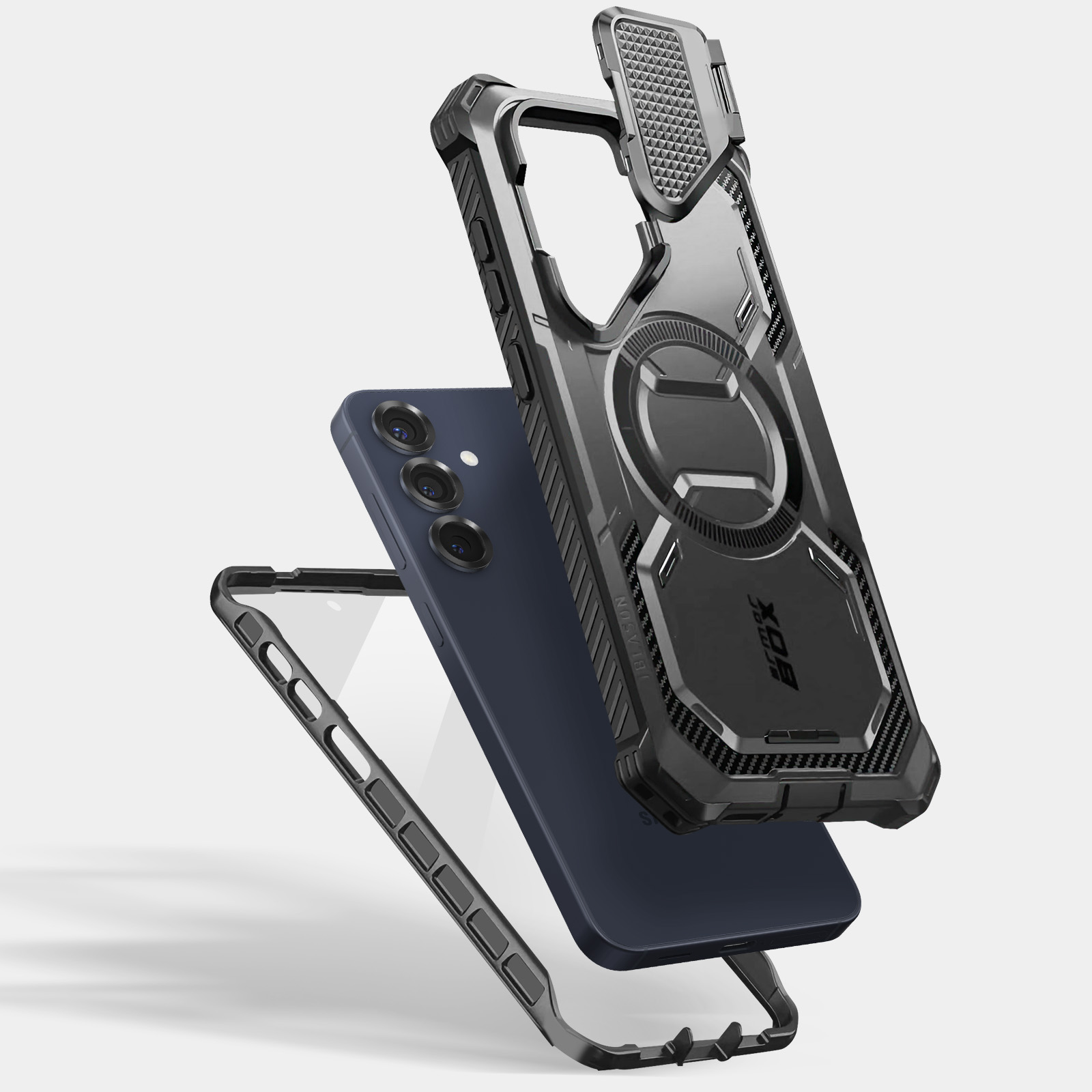 Telefono con custodia, e la custodia è in aria. La parte posteriore del telefono è blu.