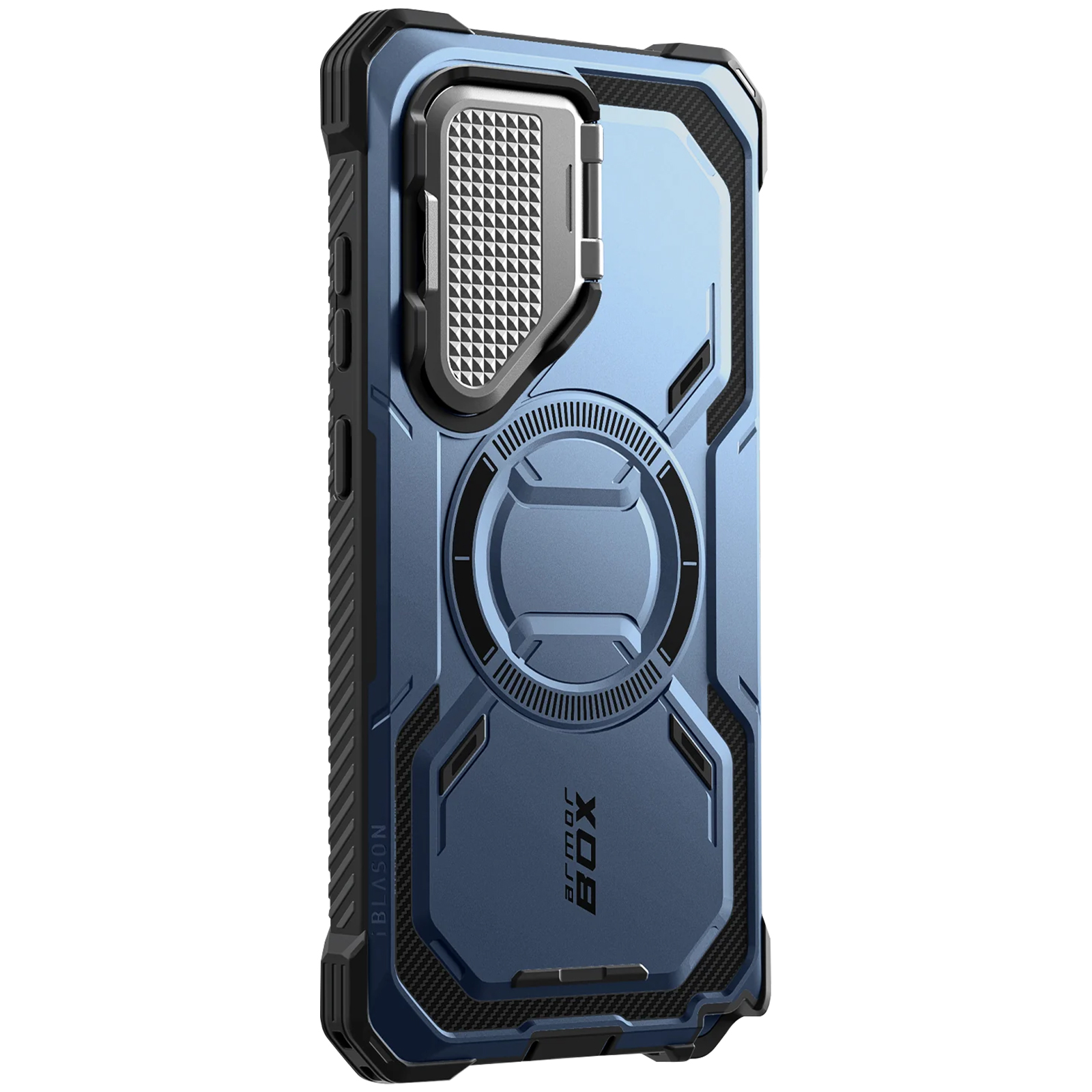 Custodia blu con dettagli neri, protezione fotocamera e design circolare. Logo Armor Box visibile.