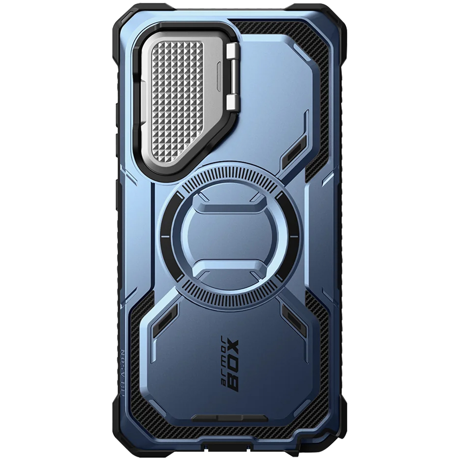 Custodia blu per telefono con dettagli neri, protezione fotocamera e design circolare.